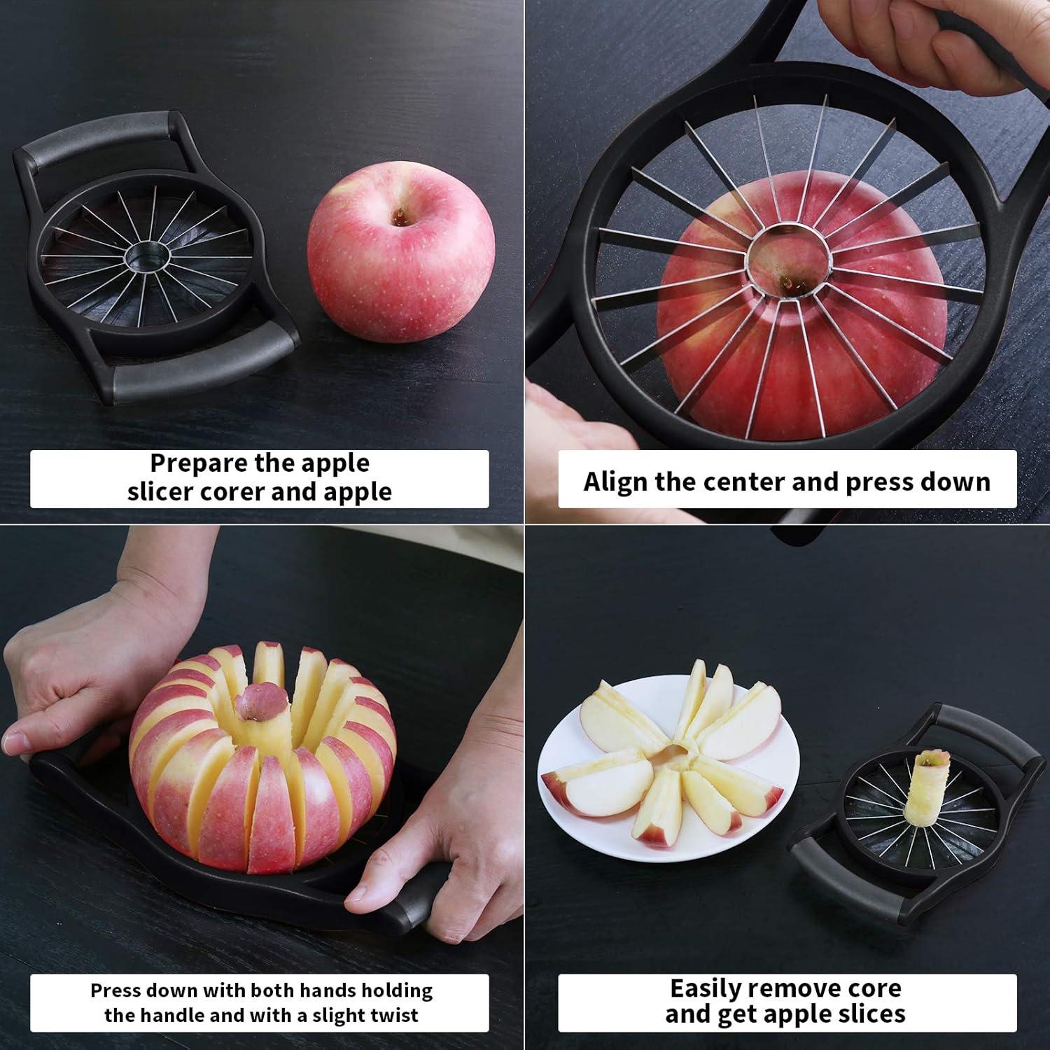 OOKUU 5.12 Inch Extra Large Apple Cutter, Heavy Duty Apple Slicer 16 Slices, Durable Apple Corer, Stainless Steel Apple Slicer and Corer for Apple, Potato, Onion, Black
