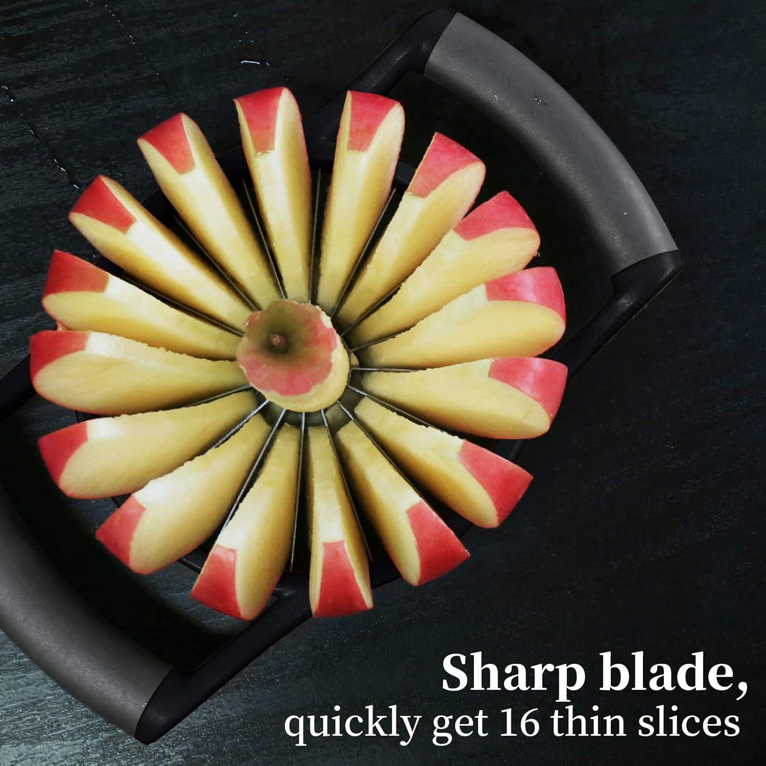 OOKUU 5.12 Inch Extra Large Apple Cutter, Heavy Duty Apple Slicer 16 Slices, Durable Apple Corer, Stainless Steel Apple Slicer and Corer for Apple, Potato, Onion, Black