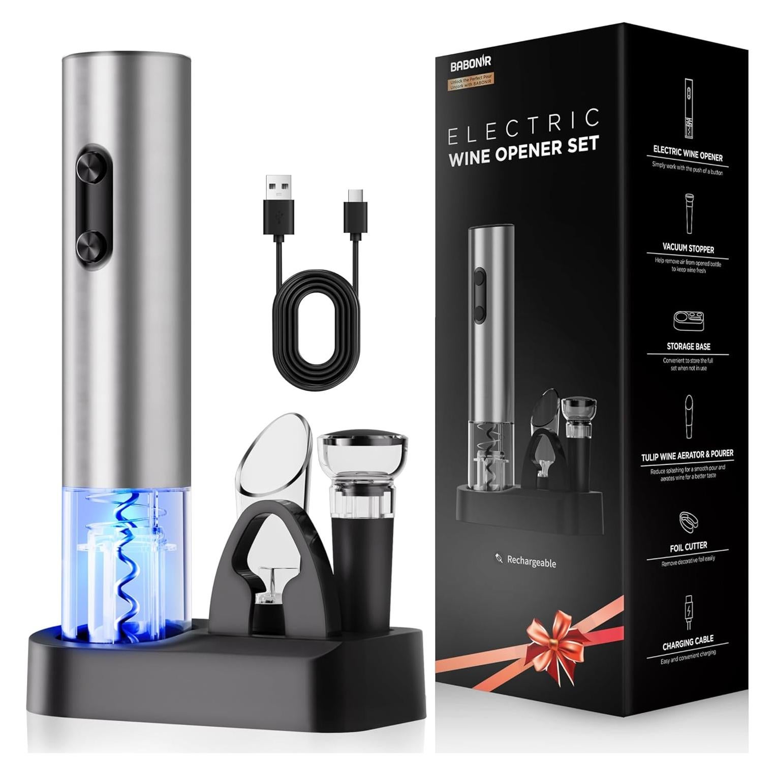 Juego de abridor de vino eléctrico 6 en 1 BABONIR acero inoxidable