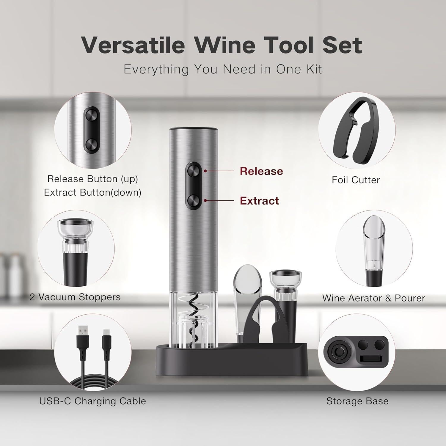 Juego de abridor de vino eléctrico 6 en 1 BABONIR acero inoxidable