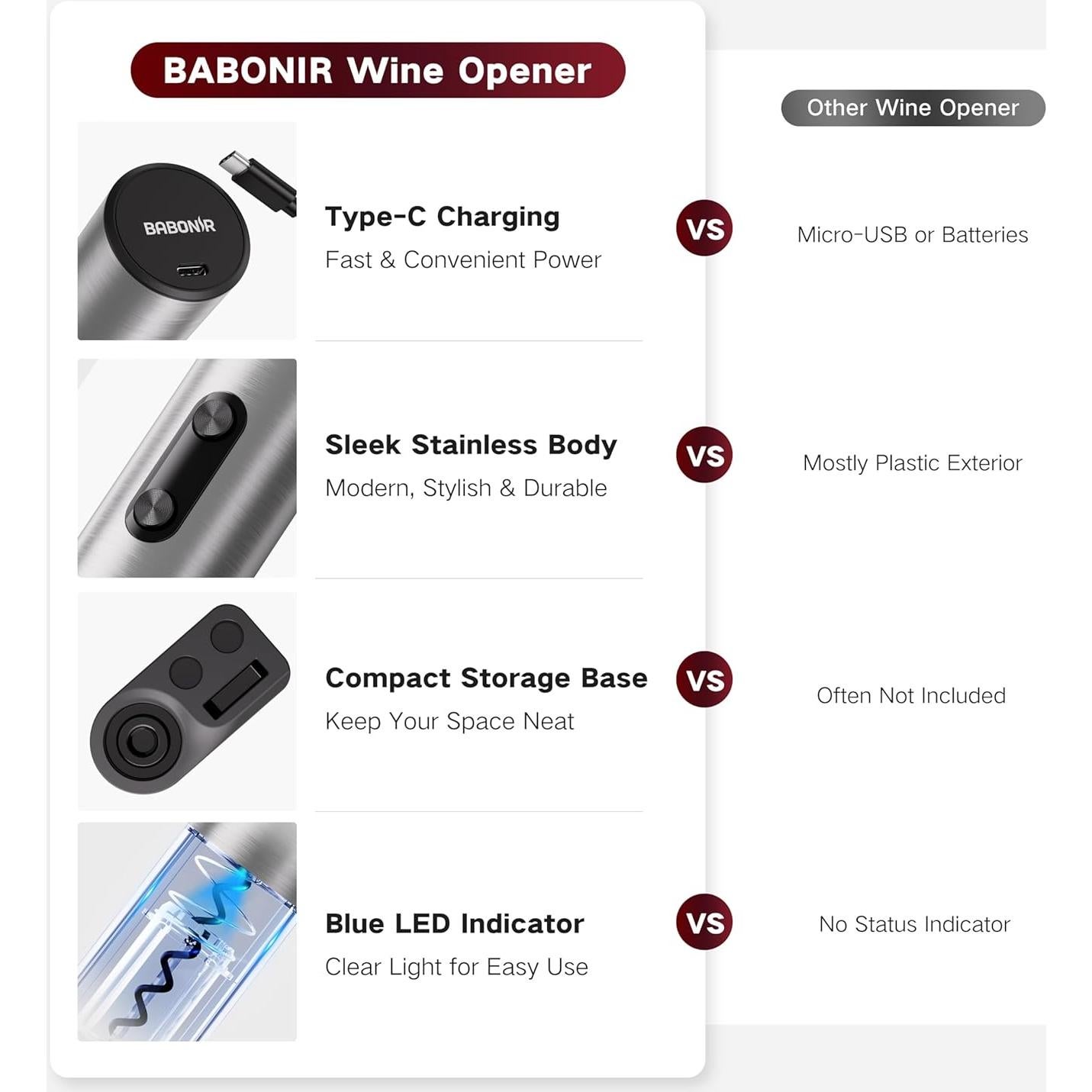 Juego de abridor de vino eléctrico 6 en 1 BABONIR acero inoxidable