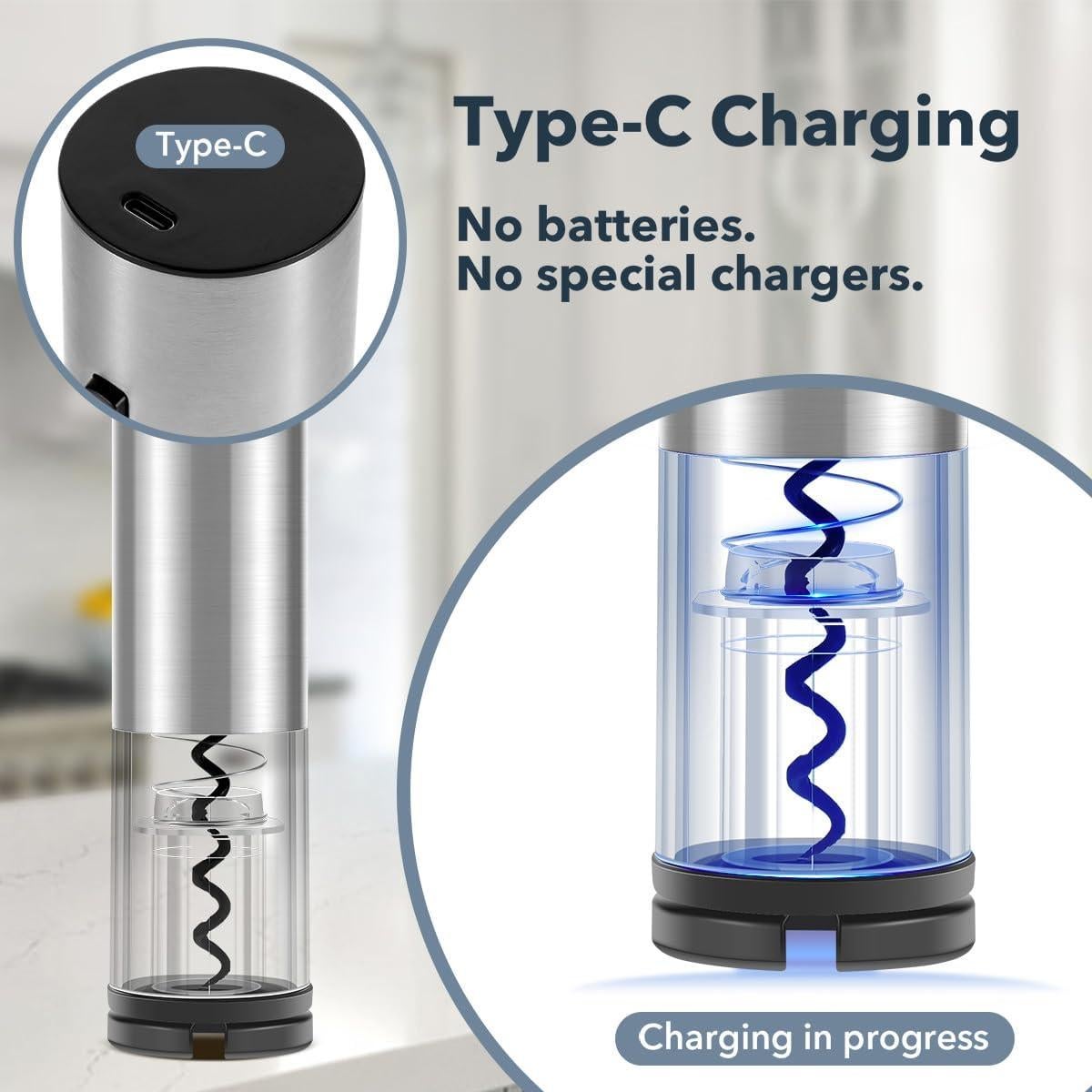 Abridor de Vino Eléctrico QIKPCK Recargable USB-C Acero Inoxidable