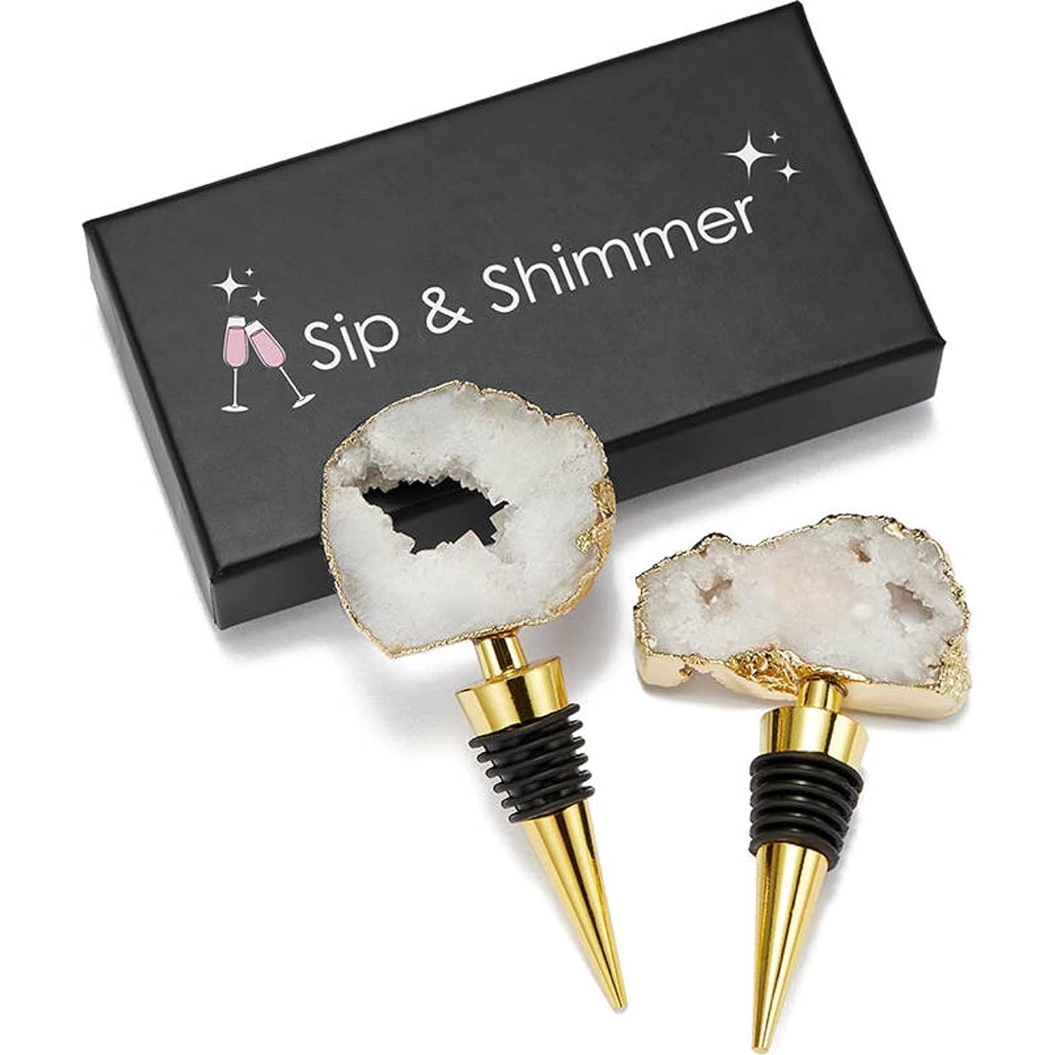 Set de 2 Tapones de Vino Sip & Shimmer con Geoda Dorada