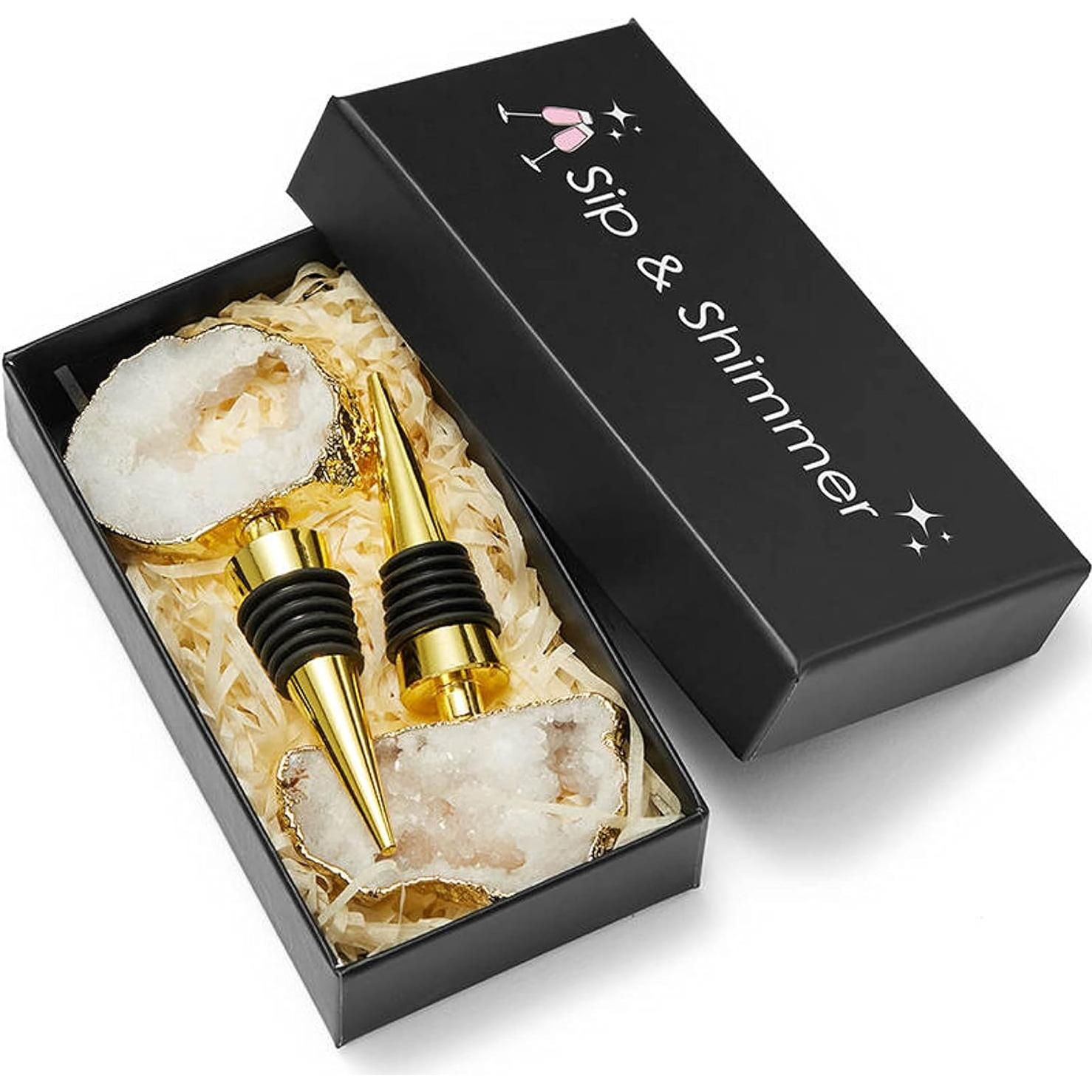 Set de 2 Tapones de Vino Sip & Shimmer con Geoda Dorada