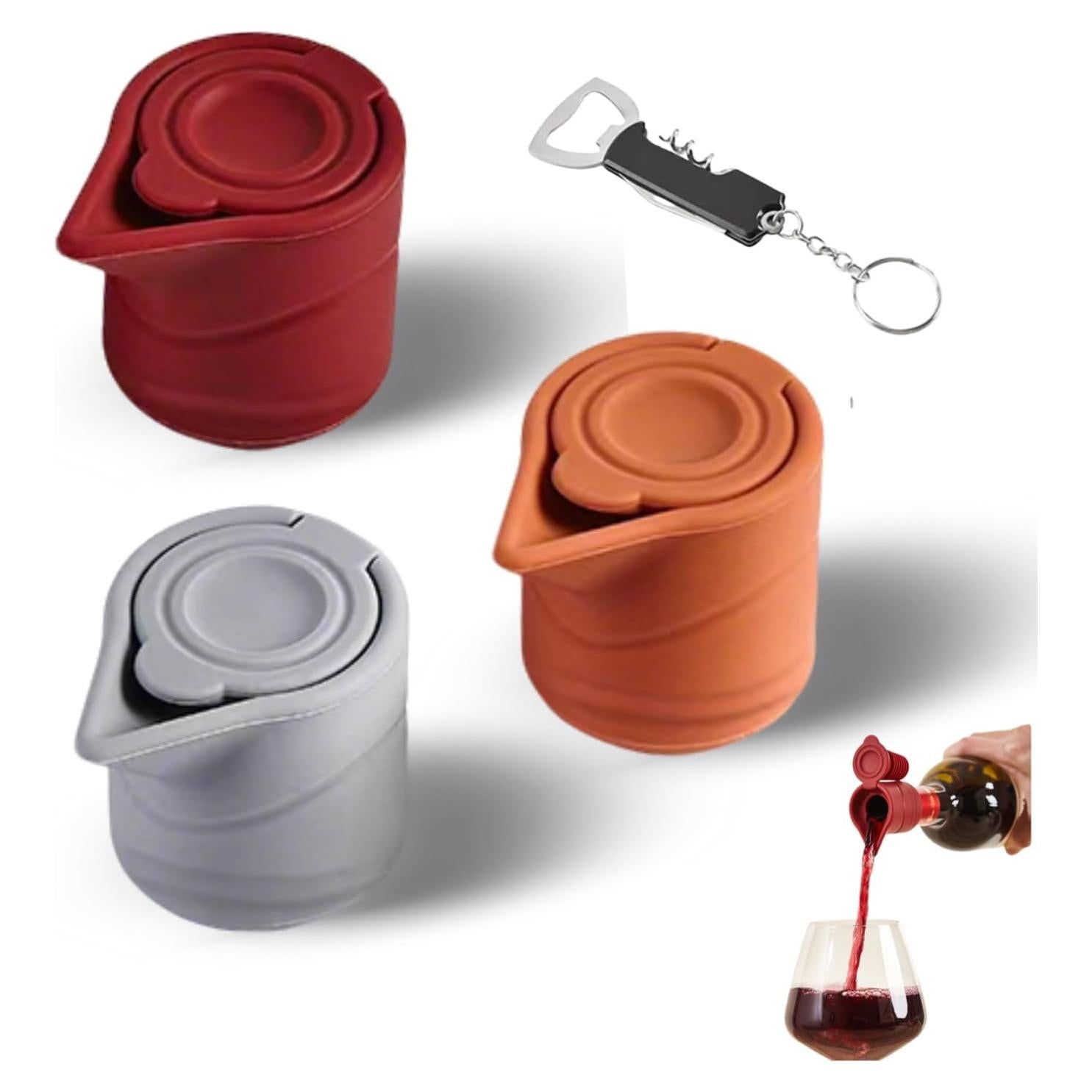 Tapón de Vino de Silicona Sulimy 3 en 1 Rojo Naranja Gris