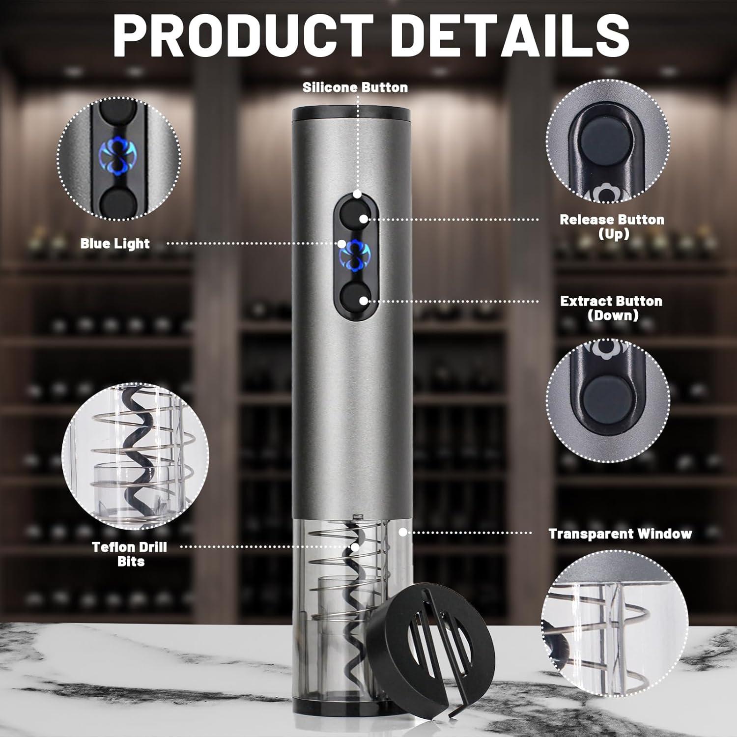 Abridor de Vino Eléctrico BSWMHG Recargable 4 en 1 Plata