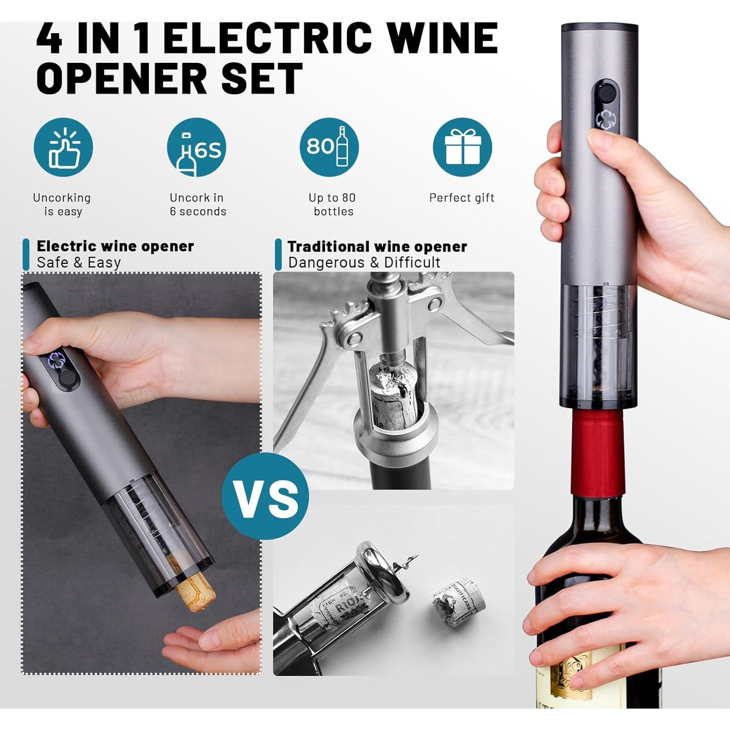 Abridor de Vino Eléctrico BSWMHG Recargable 4 en 1 Plata