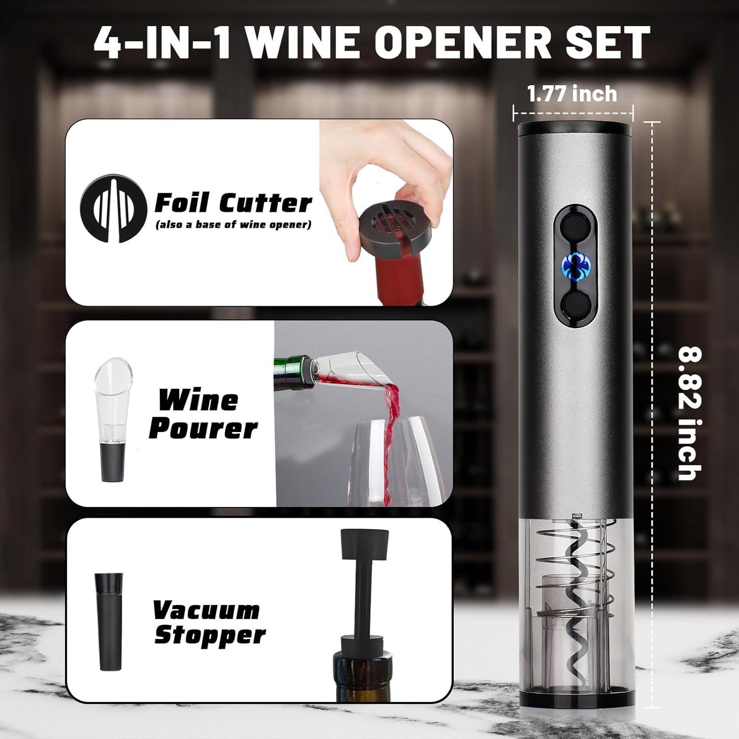 Abridor de Vino Eléctrico BSWMHG Recargable 4 en 1 Plata