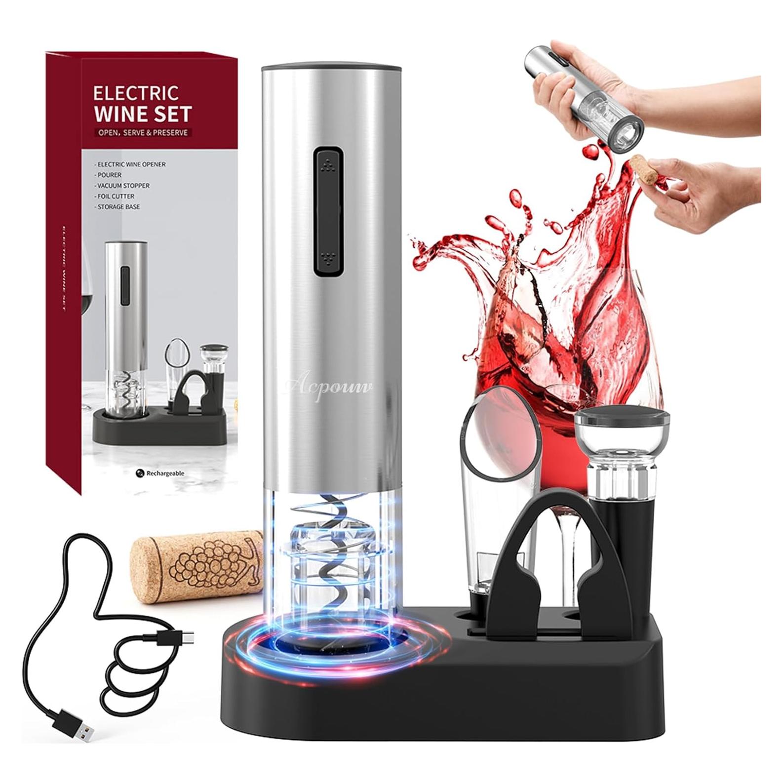 Abridor de Vino Eléctrico Recargable Acpouw 5 en 1 Plata
