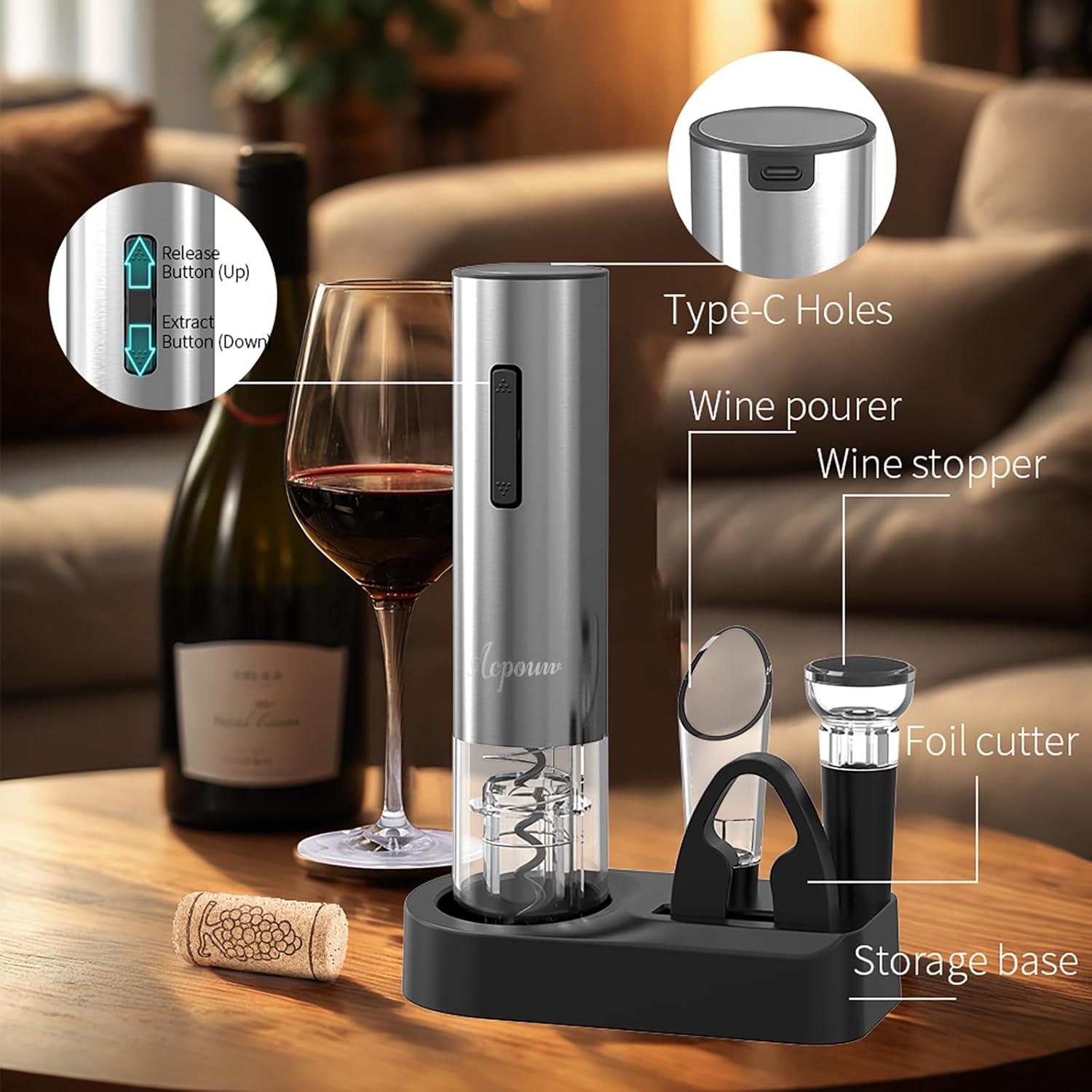 Abridor de Vino Eléctrico Recargable Acpouw 5 en 1 Plata