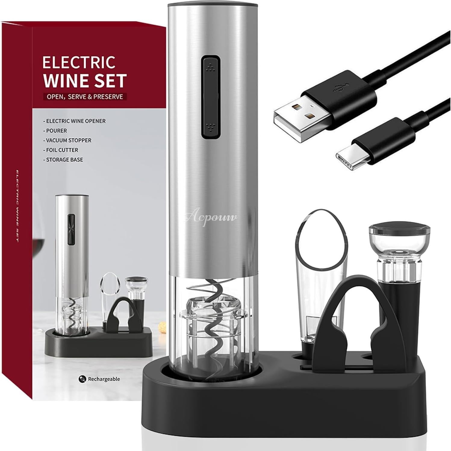 Abridor de Vino Eléctrico Recargable Acpouw 5 en 1 Plata