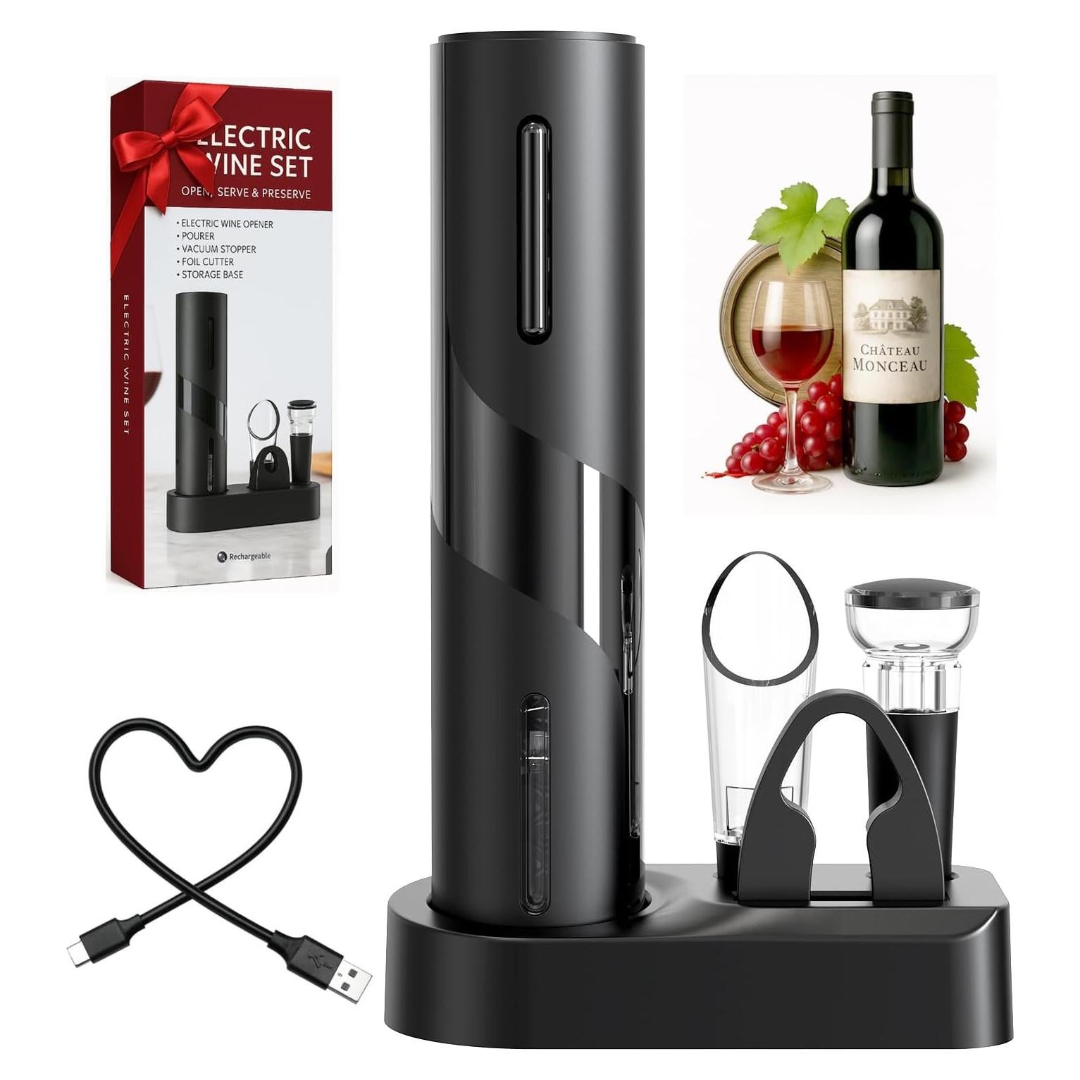 Abridor de Vino Eléctrico Aieeop 5 en 1 Recargable Negro