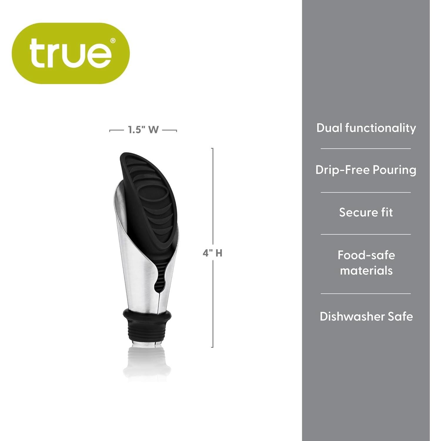Vertedor y Tapón de Vino TRUE Duo, Silicona y Acero Inoxidable