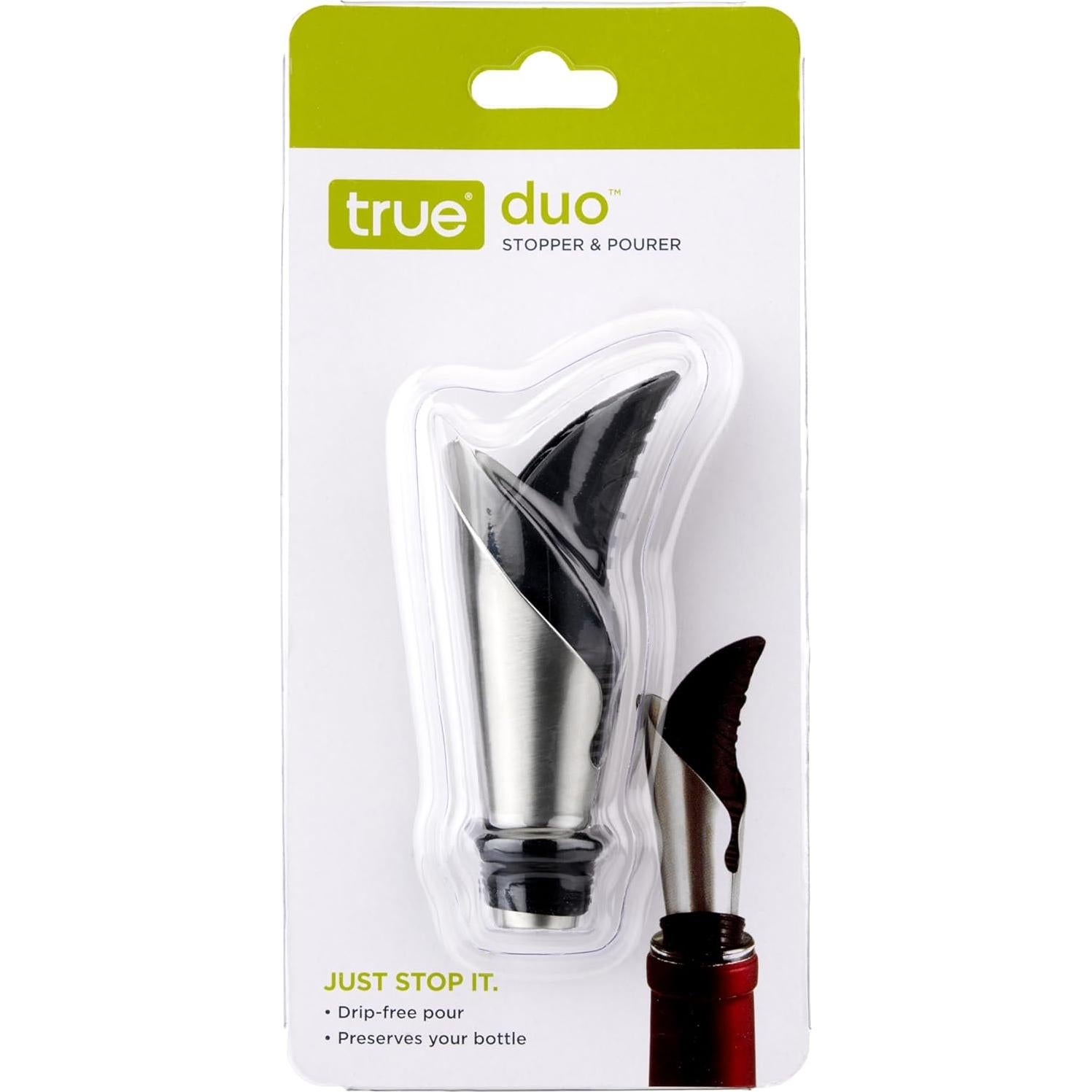 Vertedor y Tapón de Vino TRUE Duo, Silicona y Acero Inoxidable