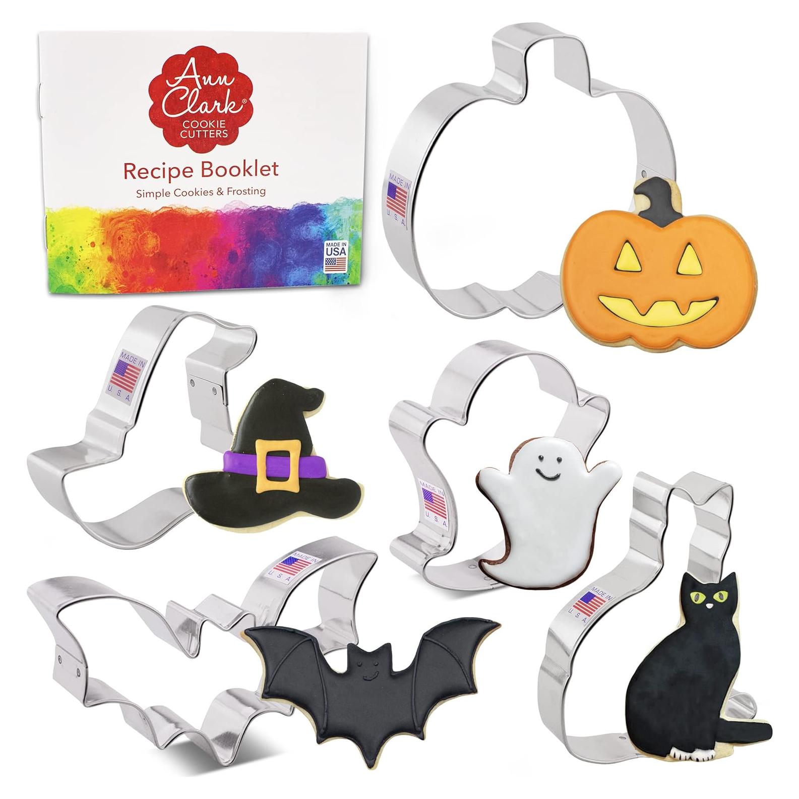 Halloween Cookie Cutters Premium 5-Pc. Set Made in USA by Ann Clark, Pumpkin, Ghost, Bat, Black Cat, Witch Hat