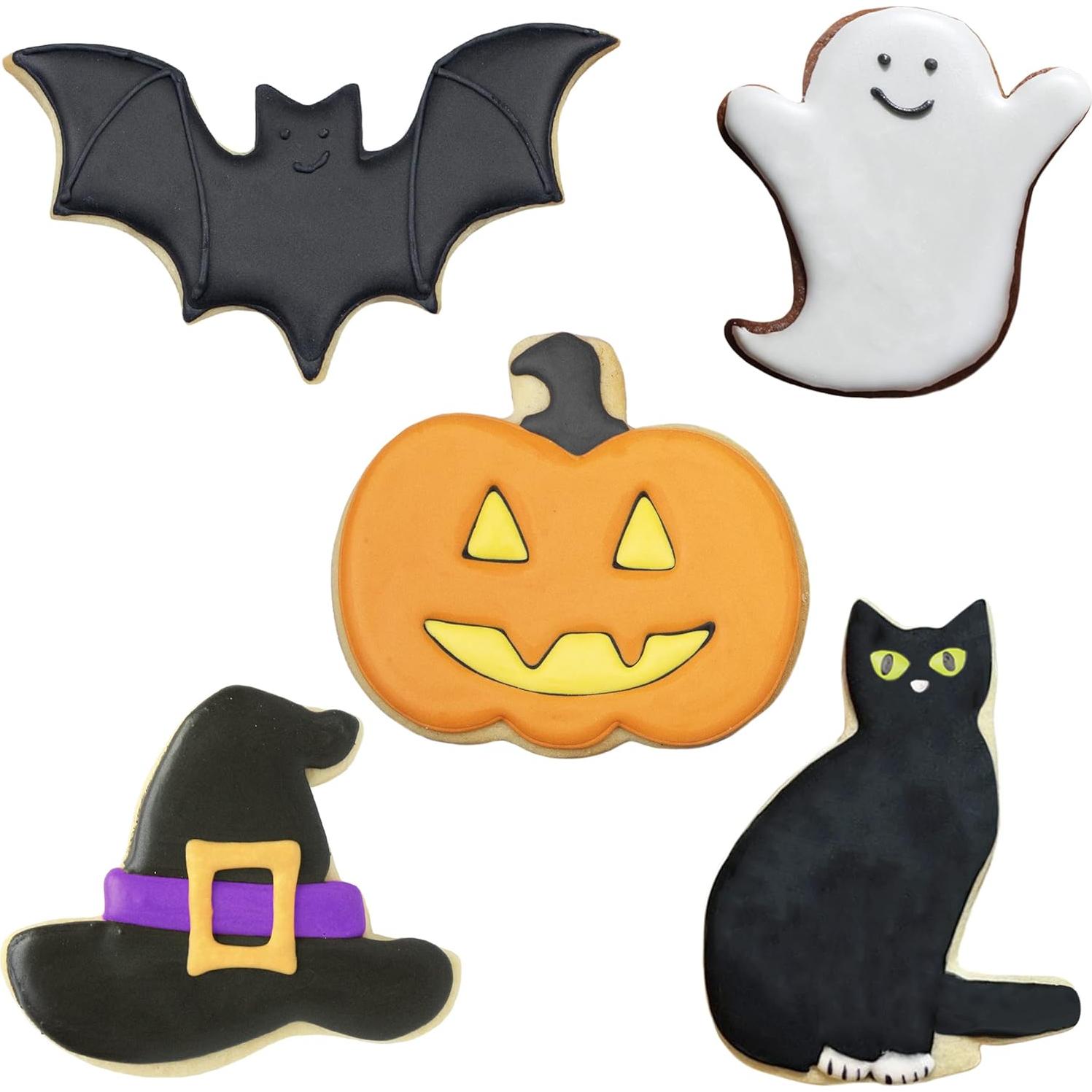 Halloween Cookie Cutters Premium 5-Pc. Set Made in USA by Ann Clark, Pumpkin, Ghost, Bat, Black Cat, Witch Hat