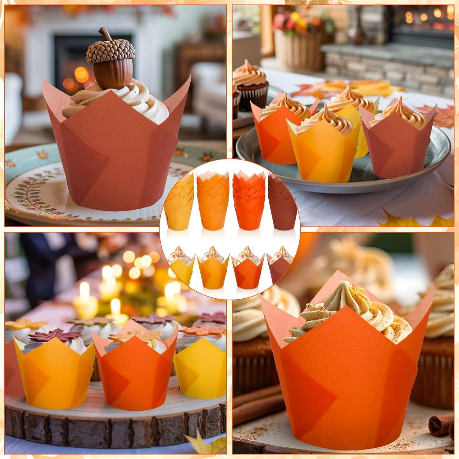 200 Forros de Cupcake Tulipán Whaline Otoño Naranja Amarillo Marrón