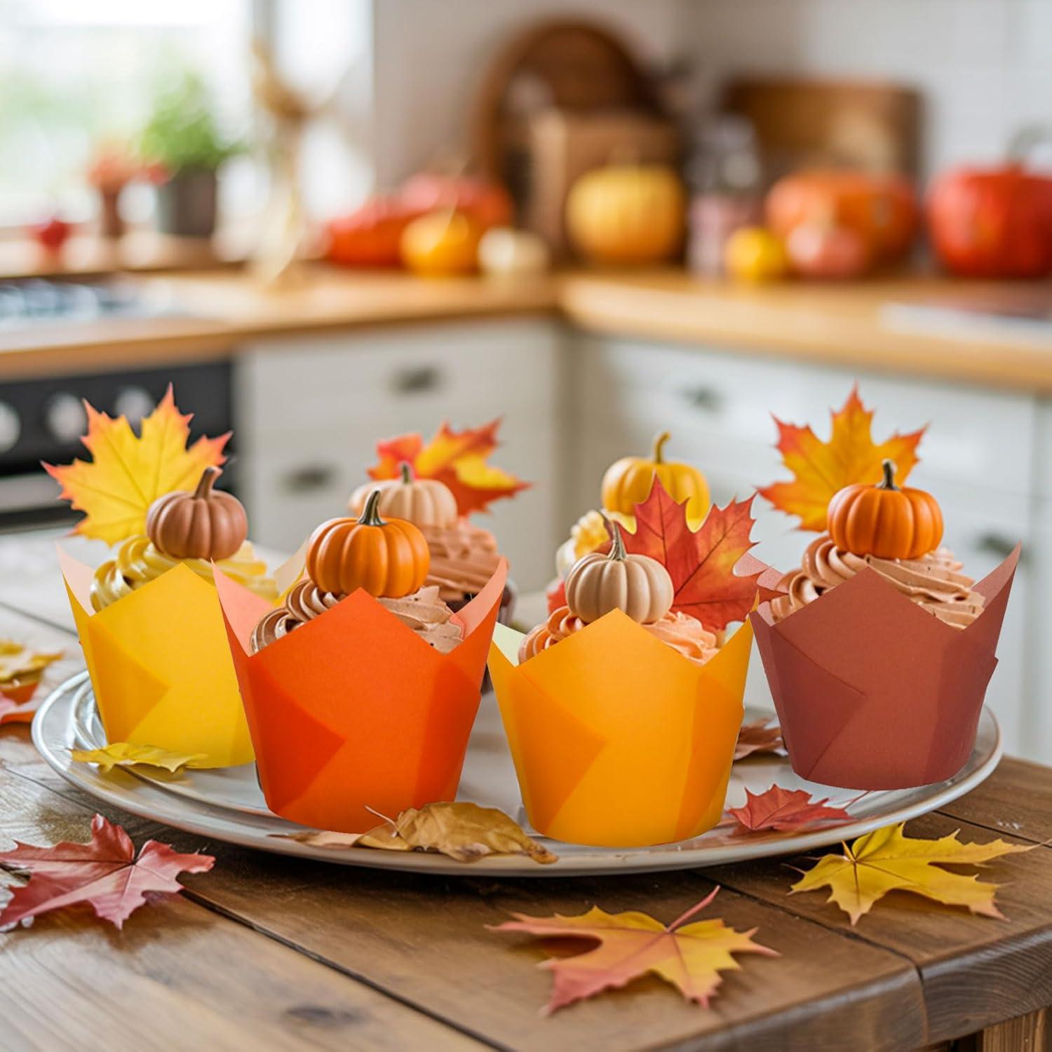 200 Forros de Cupcake Tulipán Whaline Otoño Naranja Amarillo Marrón