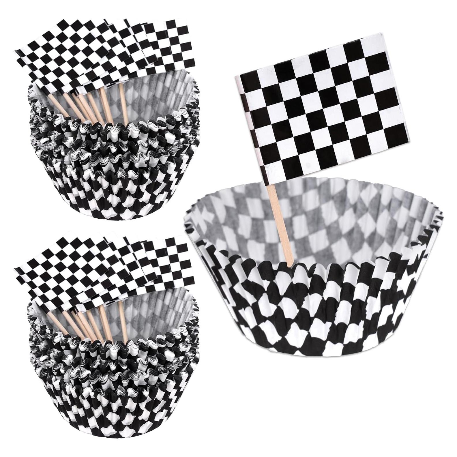 100 Forros y Palillos de Cupcake a Cuadros Hmxpls - Fiesta Coche