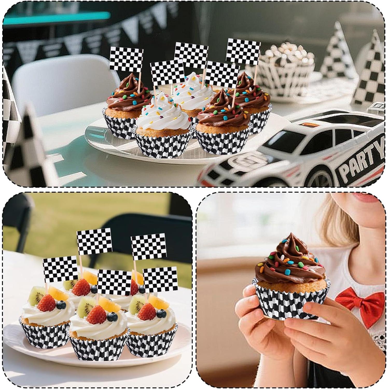 100 Forros y Palillos de Cupcake a Cuadros Hmxpls - Fiesta Coche