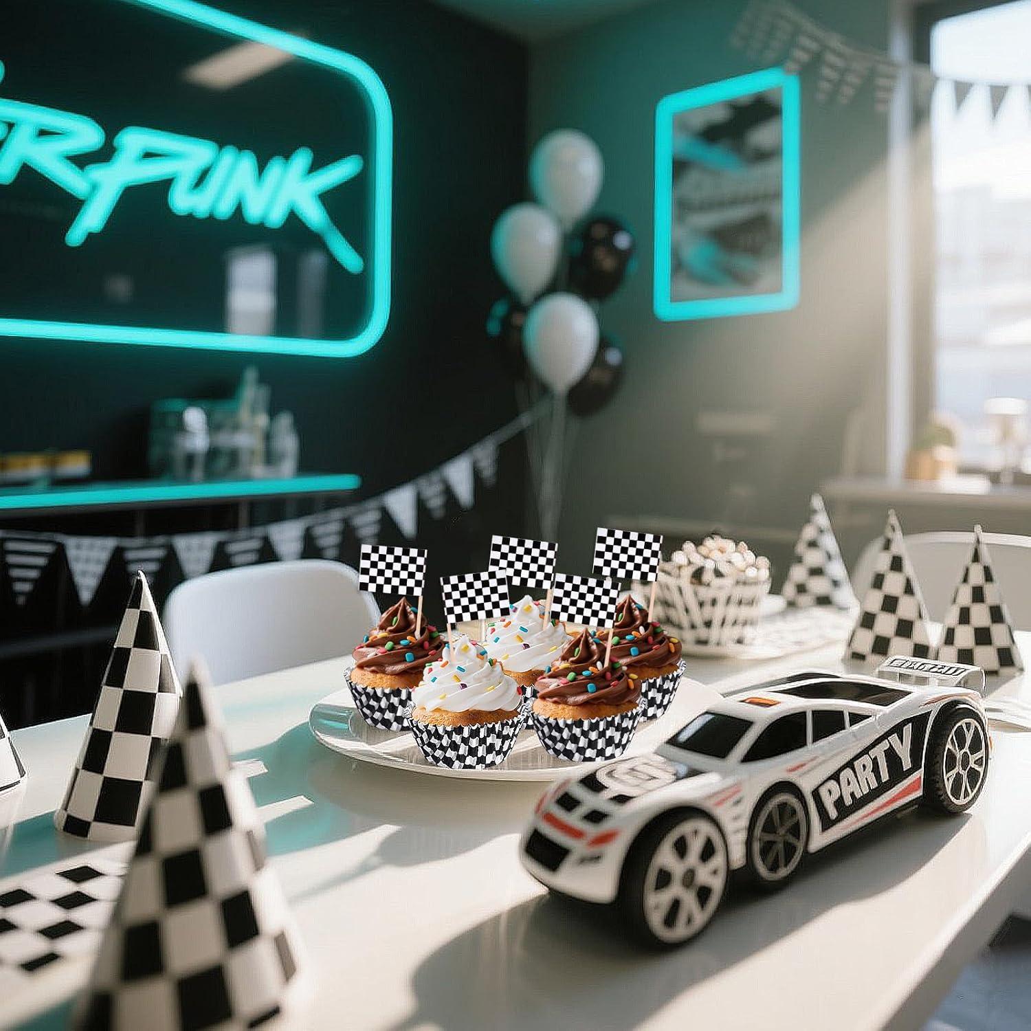 100 Forros y Palillos de Cupcake a Cuadros Hmxpls - Fiesta Coche