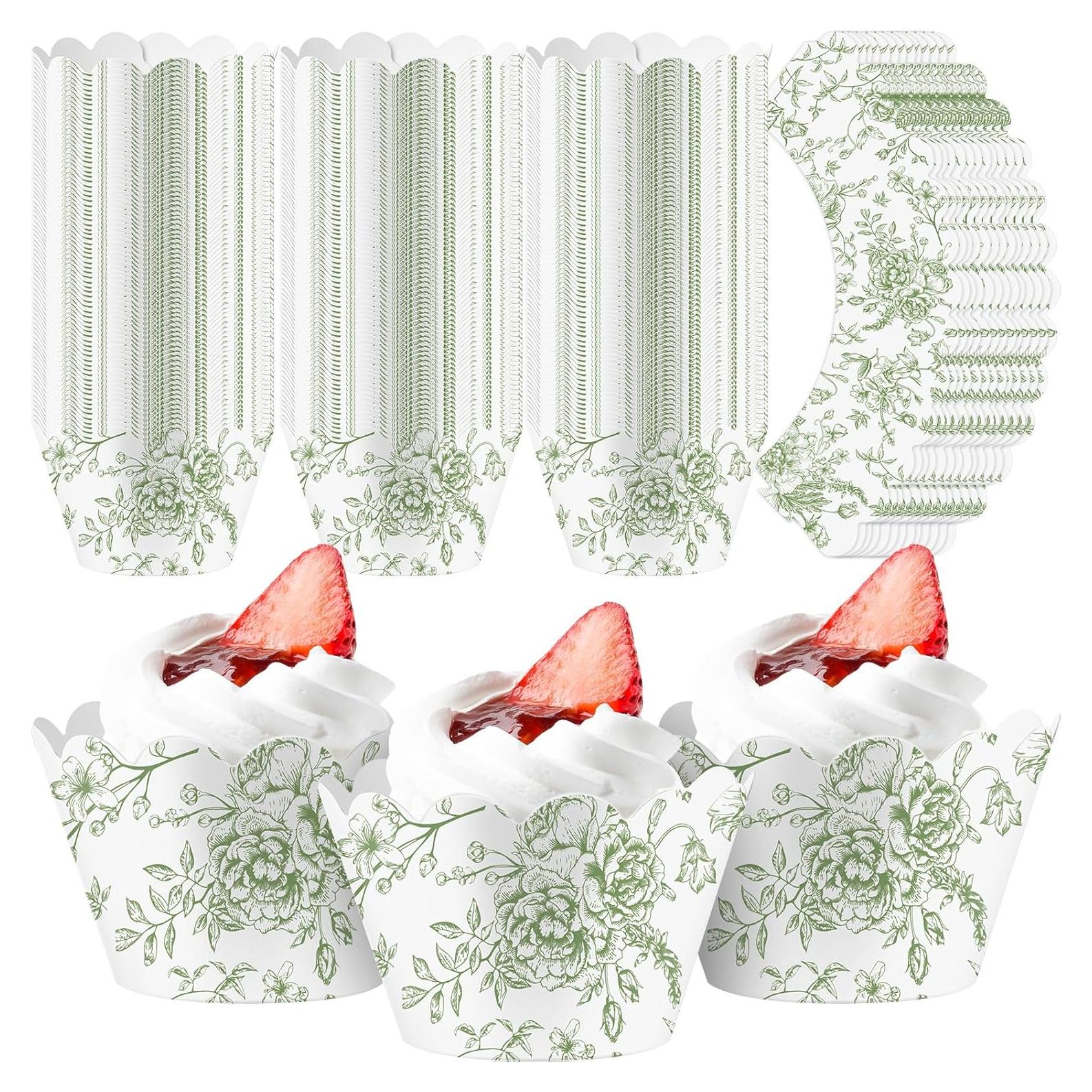 Domensi 100 Fundas para Cupcake Florales Verdes 8x5x5.3 cm