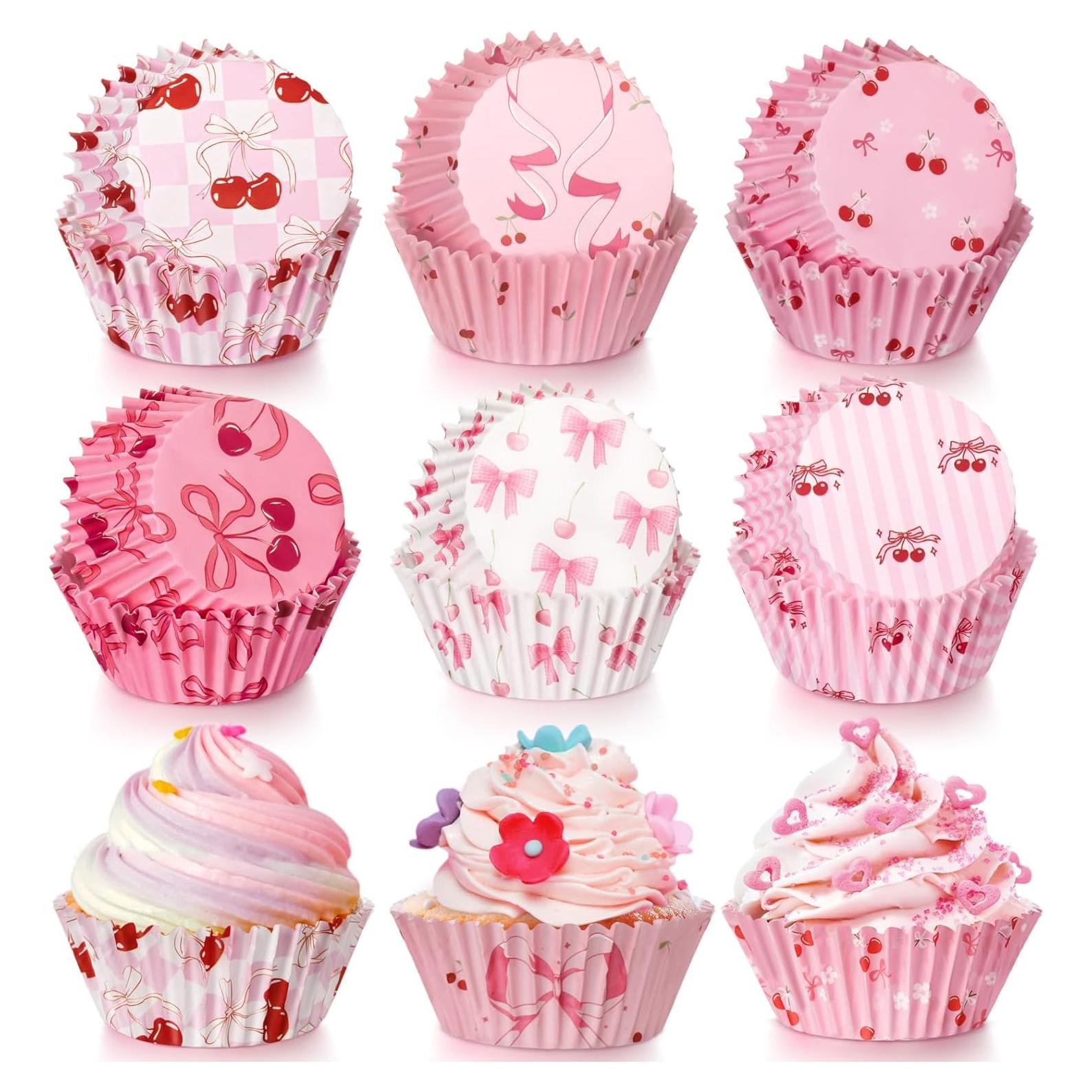 300 Forros de Cupcakes Rosa con Lazo Reallnaive 30x50 mm