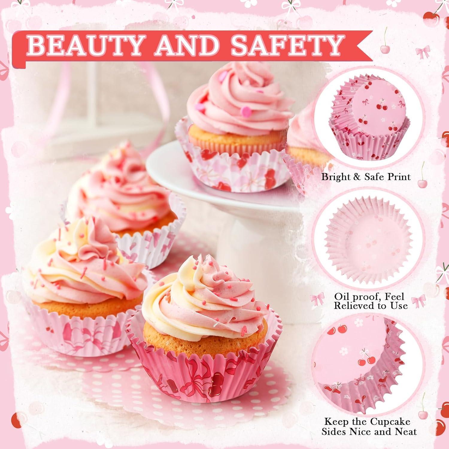 300 Forros de Cupcakes Rosa con Lazo Reallnaive 30x50 mm