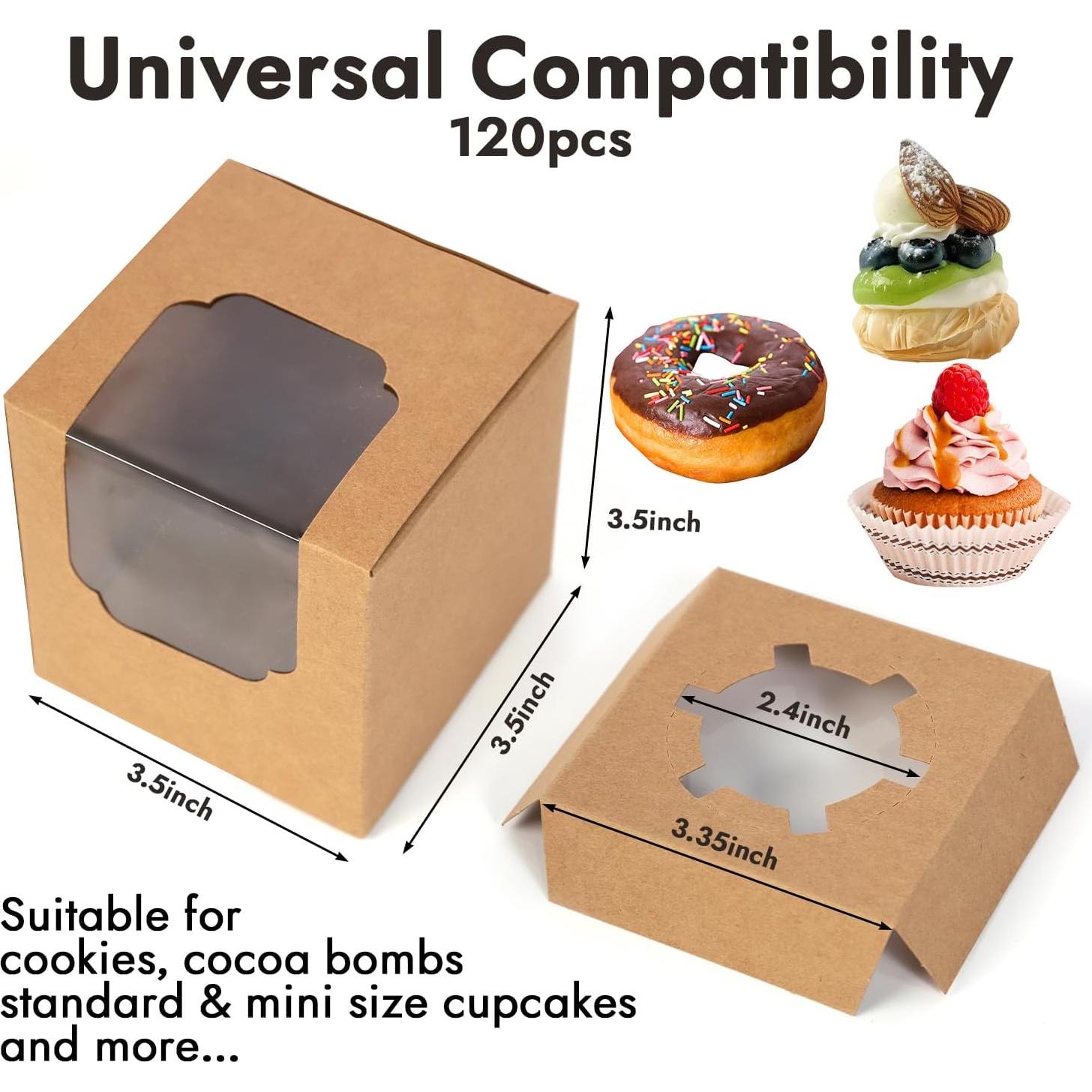 Cajas de Cupcake JCD 120 Pcs Kraft Marrón 8.9cm con Ventana