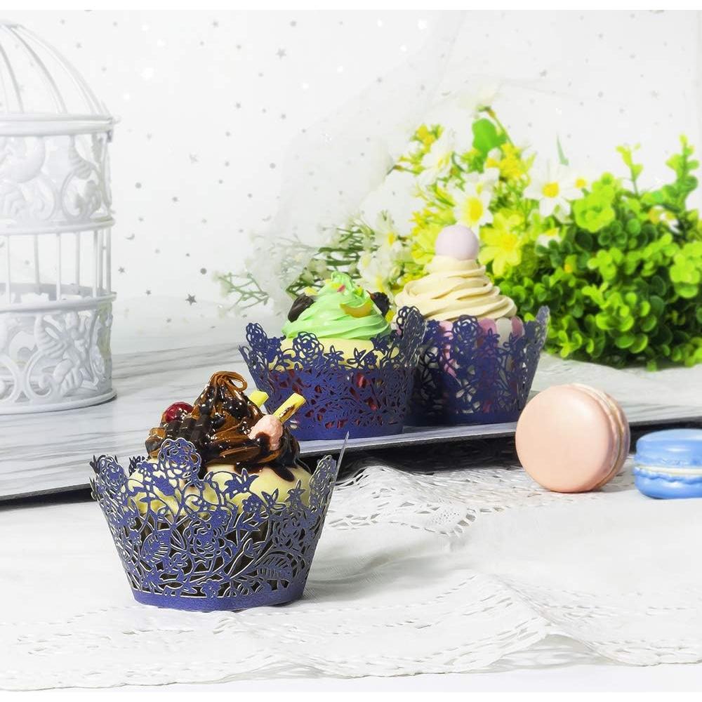 60 Fundas de Cupcake YOZATIA Encaje Rosa Azul Marino 7.9cm