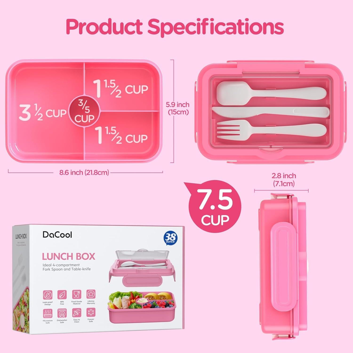 Caja de Almuerzo Bento DaCool Rosa 7.5 Tazas 4 Compartimentos