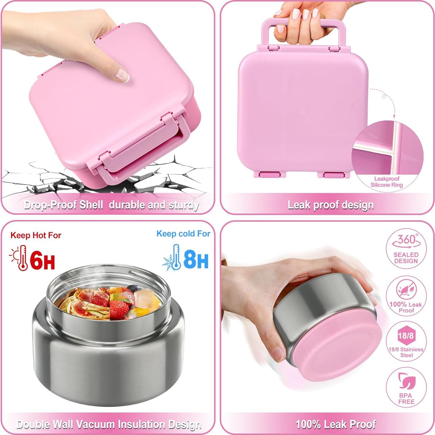 Caja de Almuerzo Bento Rosa Wiwens con Termo 9oz a Prueba de Fugas