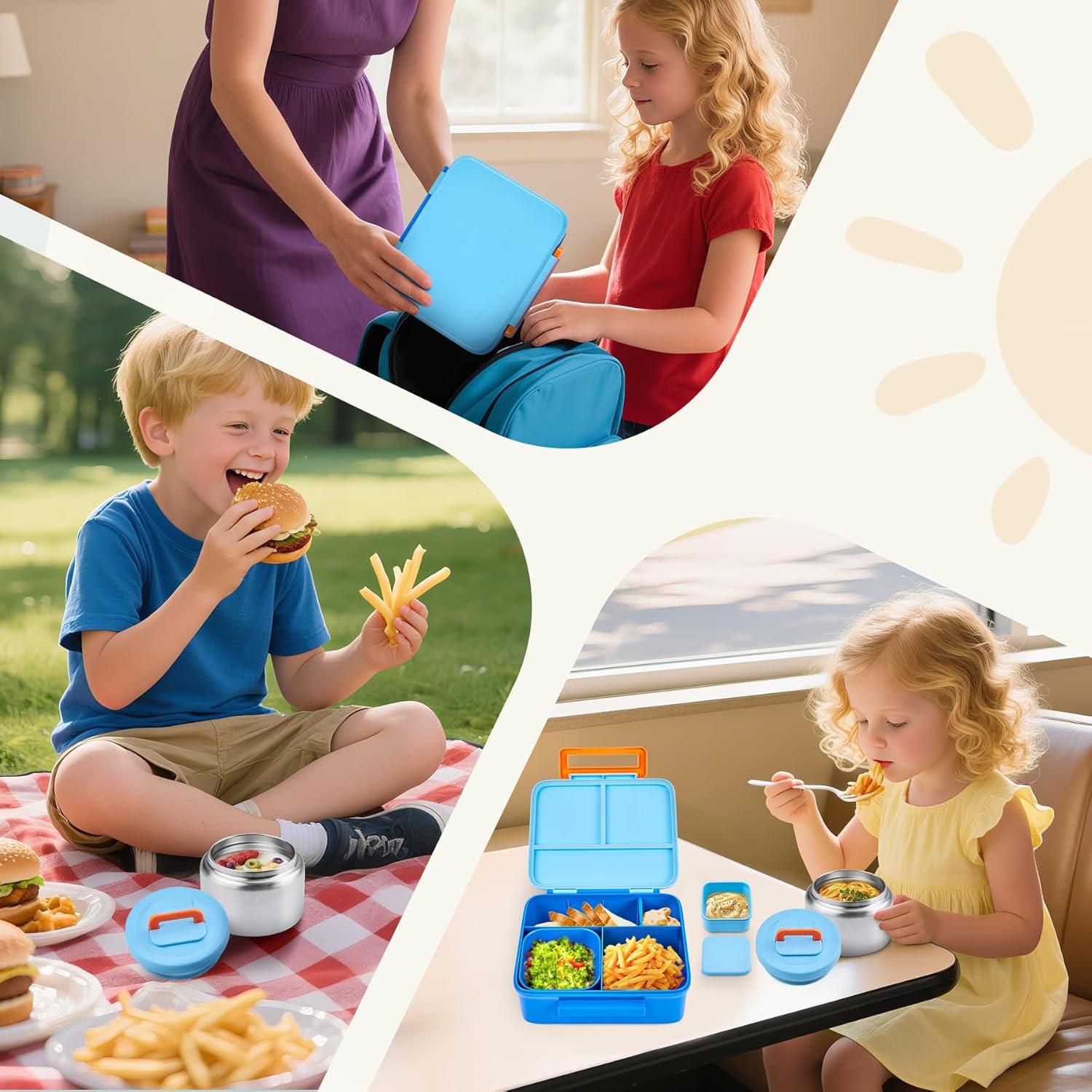 Caja de Almuerzo Bento PIQUEBAR Azul con Termo 240ml y Divisores