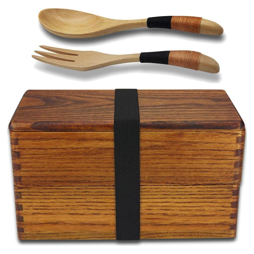 Caja Bento de Madera AOOSY 400ml con Cuchara y Tenedor