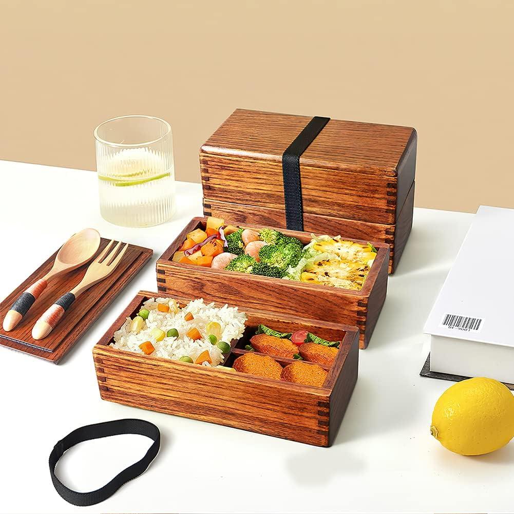 Caja Bento de Madera AOOSY 400ml con Cuchara y Tenedor