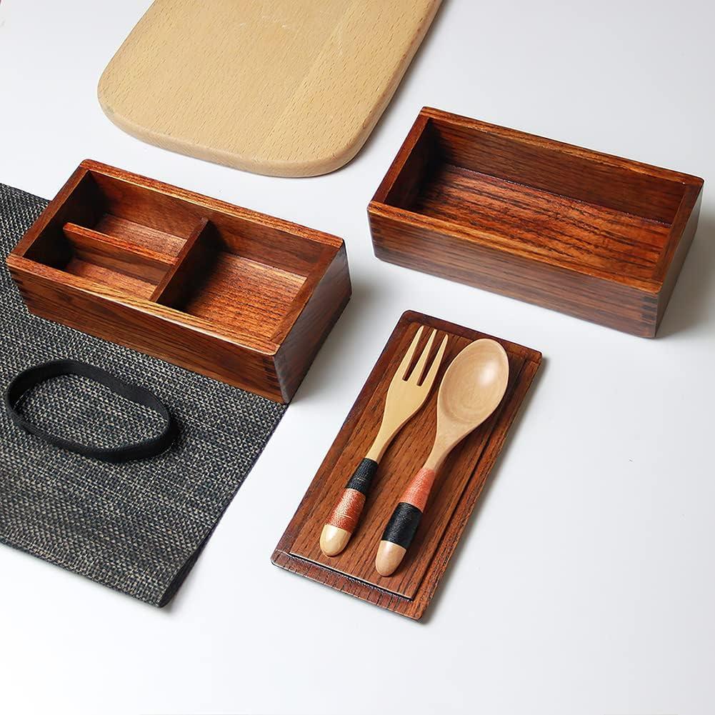 Caja Bento de Madera AOOSY 400ml con Cuchara y Tenedor