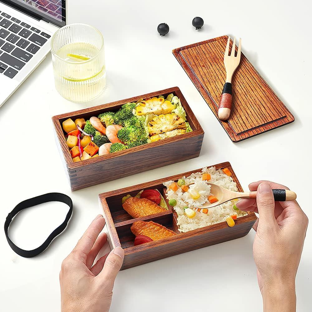 Caja Bento de Madera AOOSY 400ml con Cuchara y Tenedor