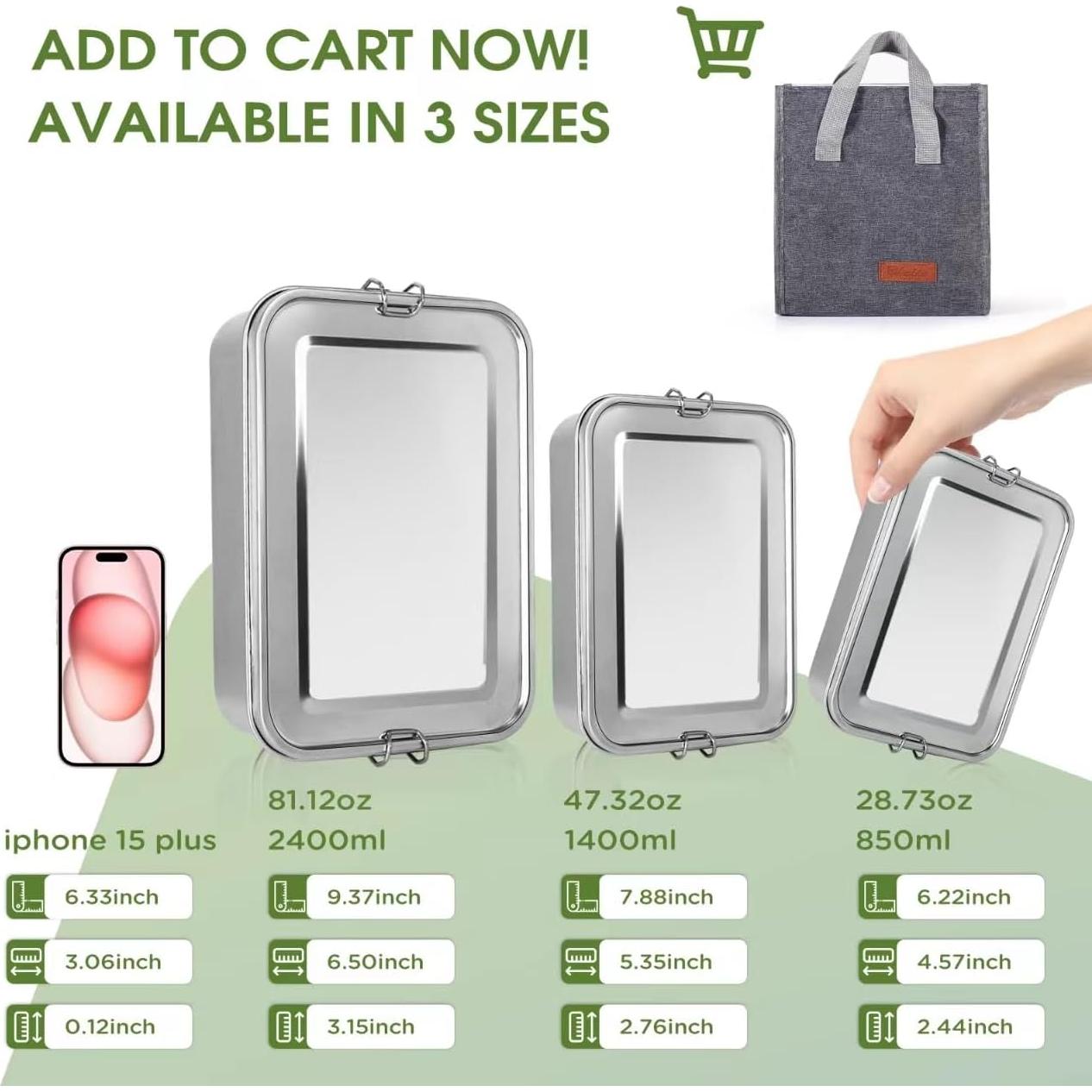 Caja Bento Acero Inoxidable 304 3 Piezas 2400ml 1400ml 850ml