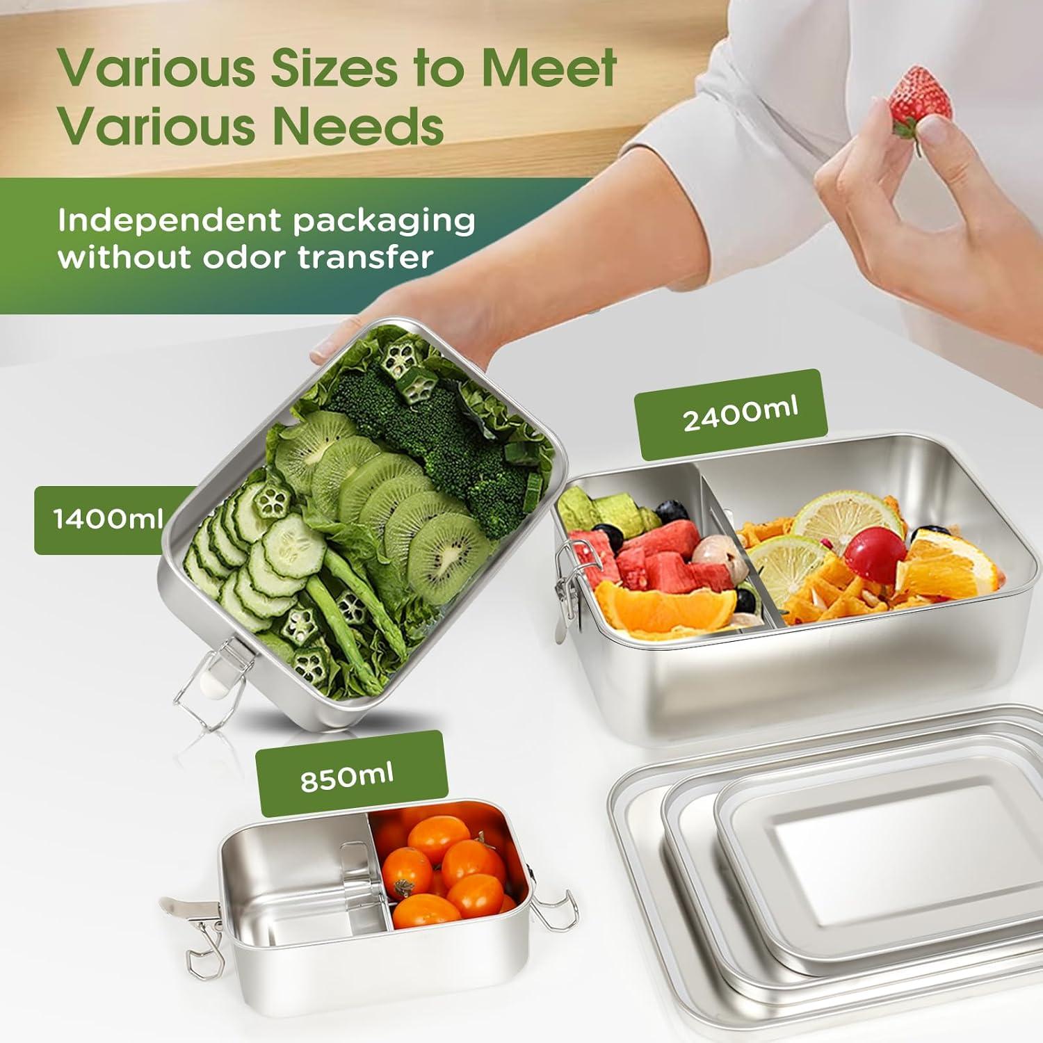 Caja Bento Acero Inoxidable 304 3 Piezas 2400ml 1400ml 850ml