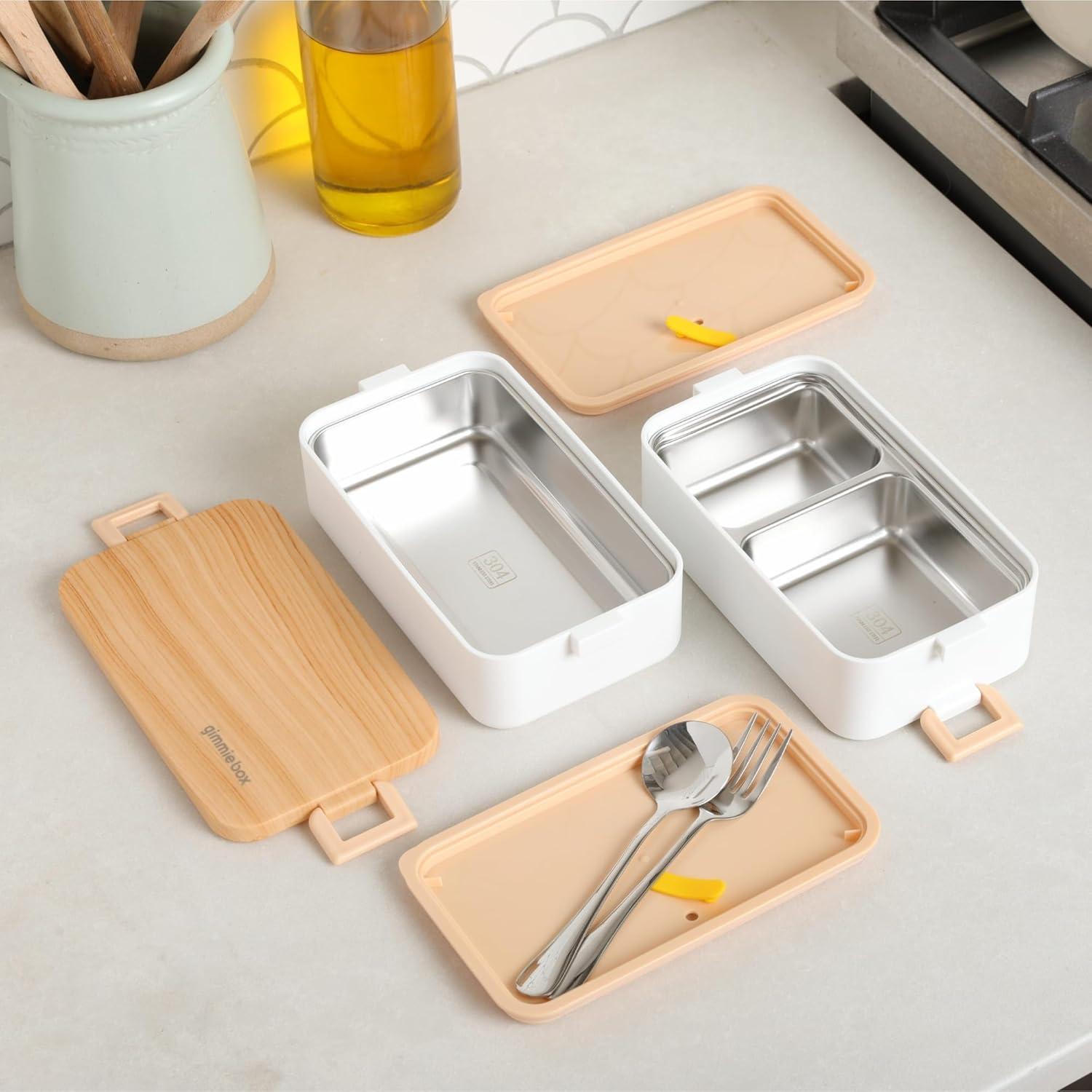 Caja Bento Acero Inoxidable Gimmiebox 950ml con Cuchara y Tenedor