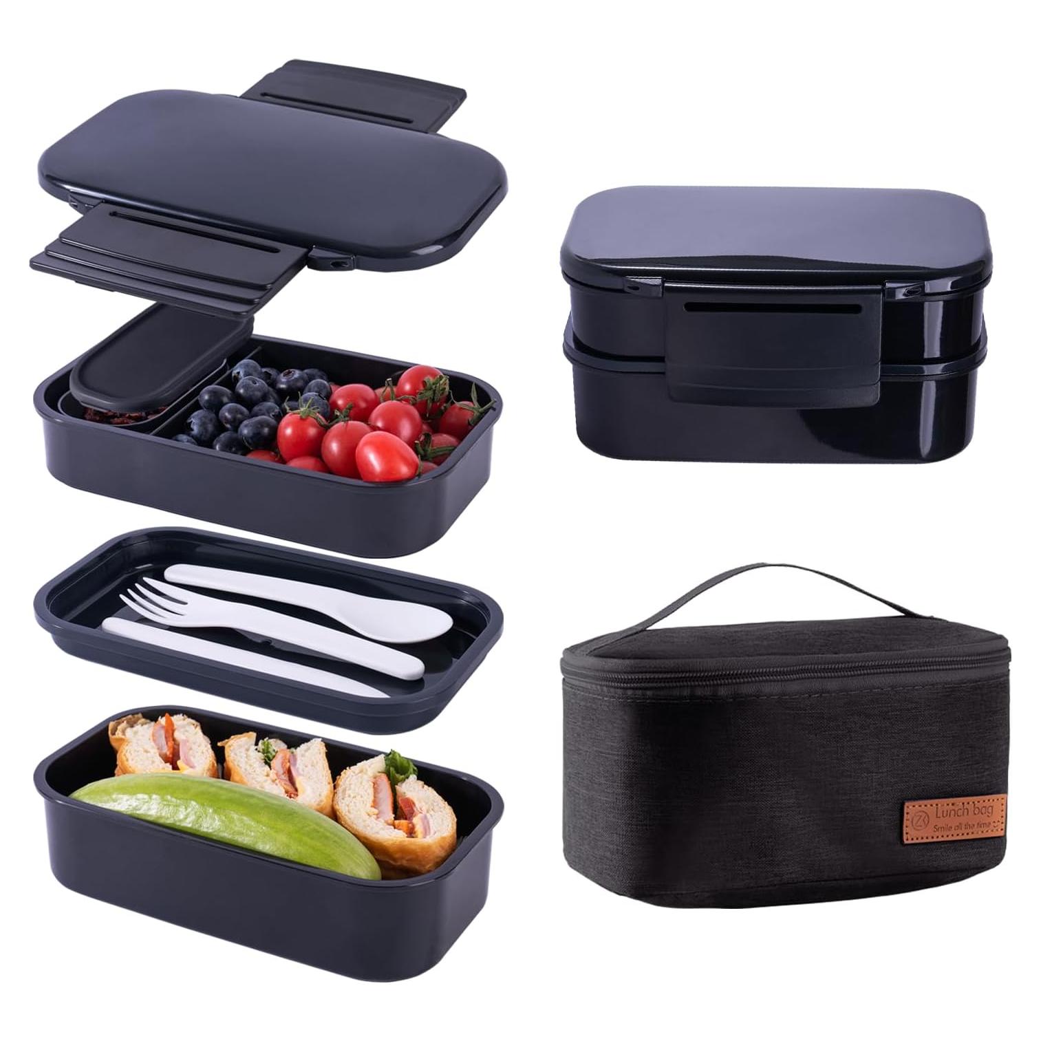 Caja Bento Lunchneo Negra 1400ml a Prueba de Fugas con Utensilios