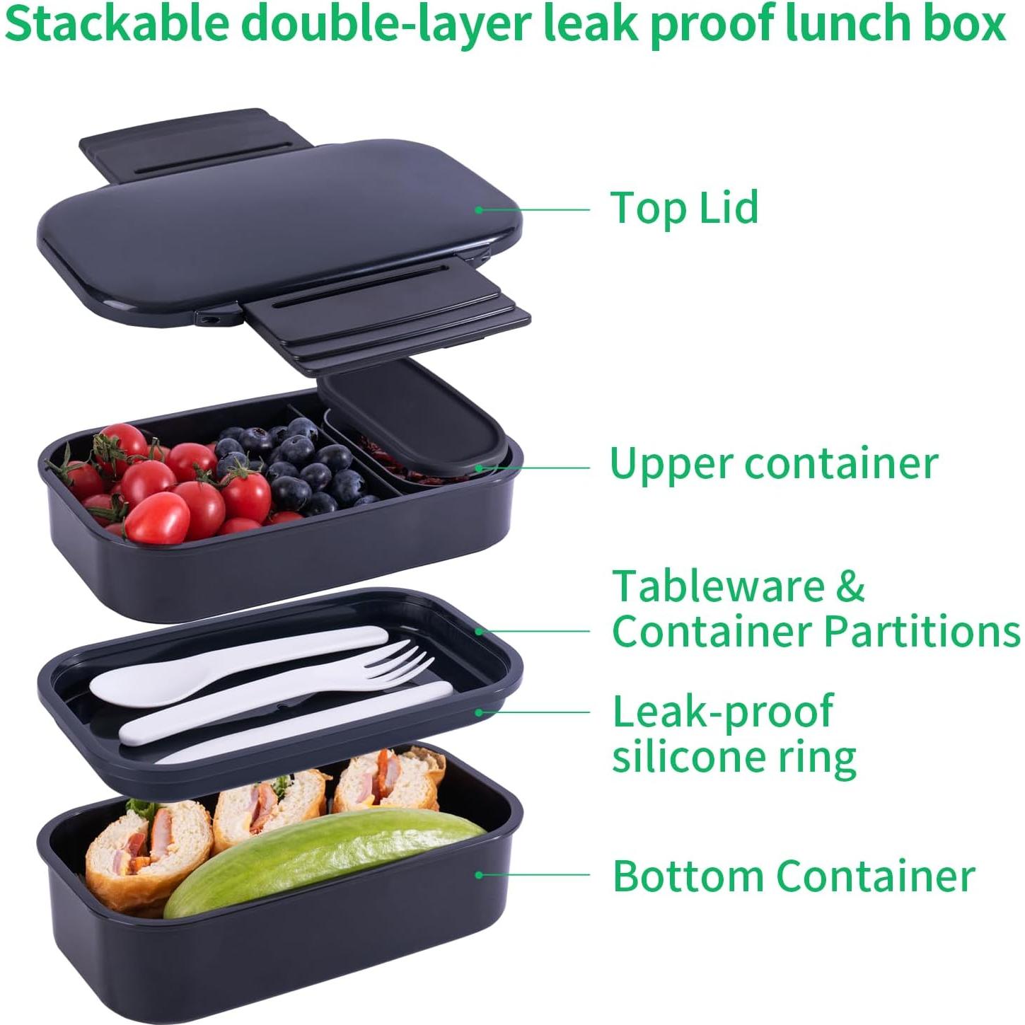 Caja Bento Lunchneo Negra 1400ml a Prueba de Fugas con Utensilios