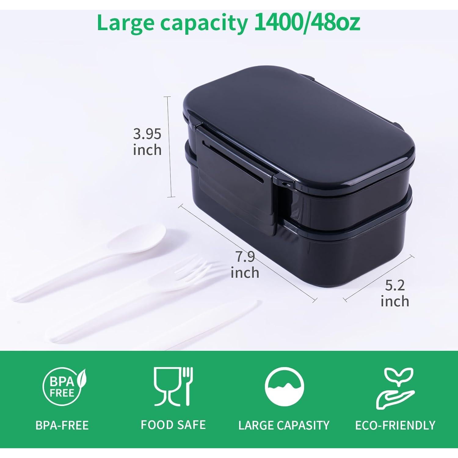 Caja Bento Lunchneo Negra 1400ml a Prueba de Fugas con Utensilios