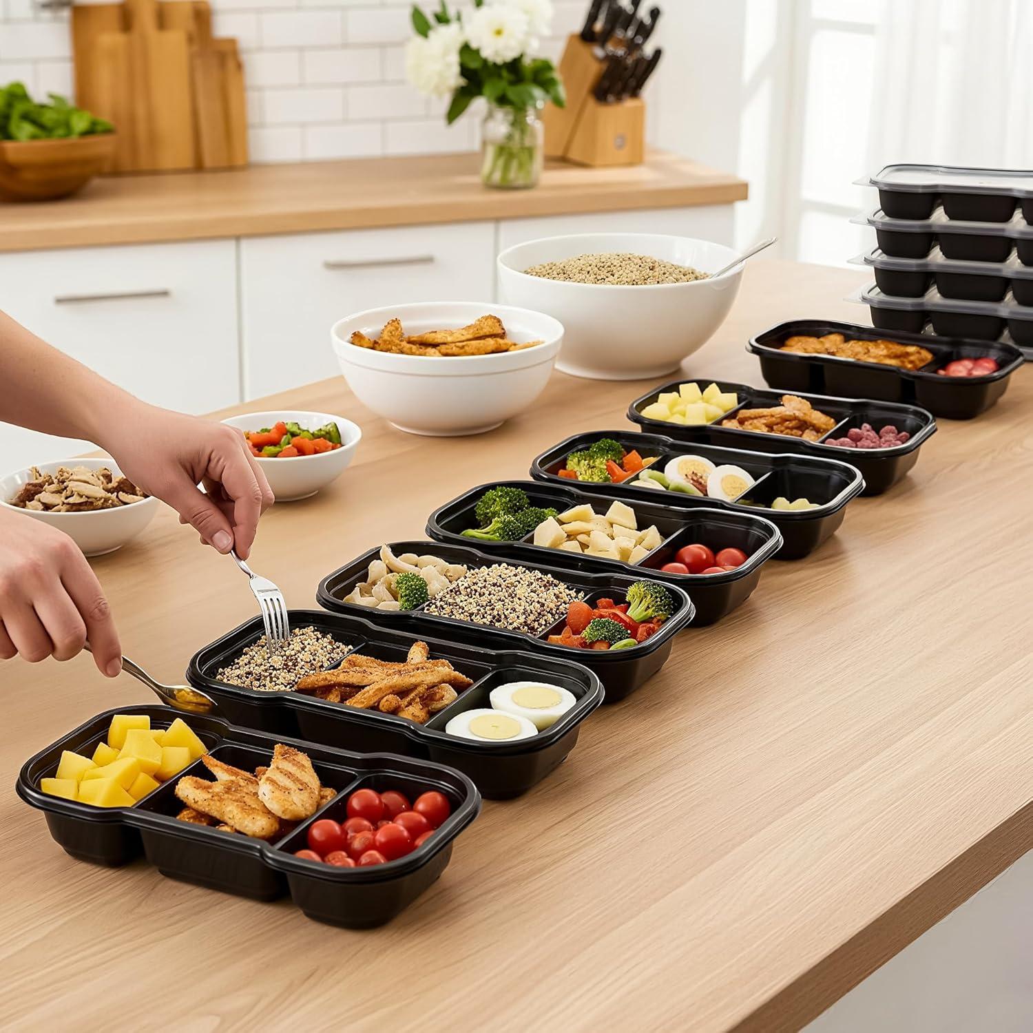 Contenedores de Comida Hiceeden 50 Piezas 473ml 3 Compartimentos