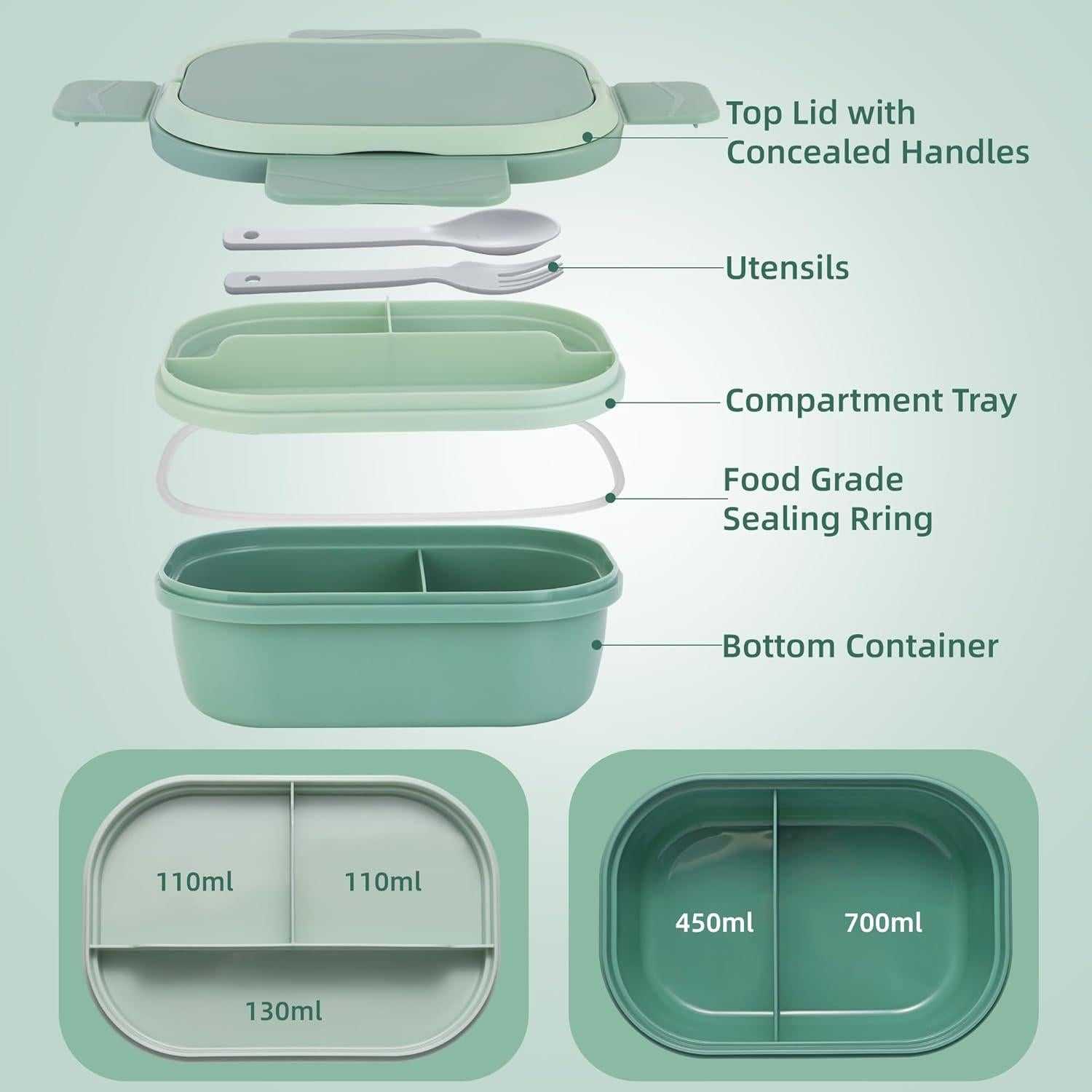 Caja Bento ITOPOR Verde Suave 6 Tazas a Prueba de Fugas