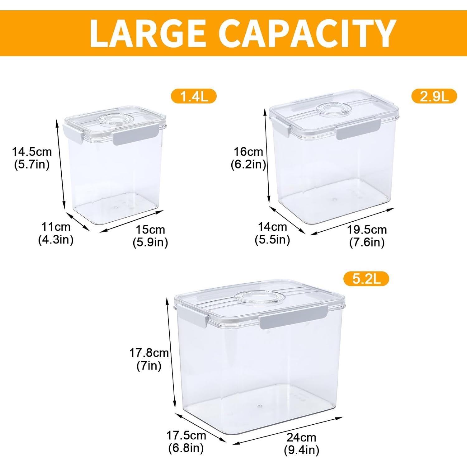 Juego de 3 Contenedores de Cereal Herméticos 1.4L a 5.2L