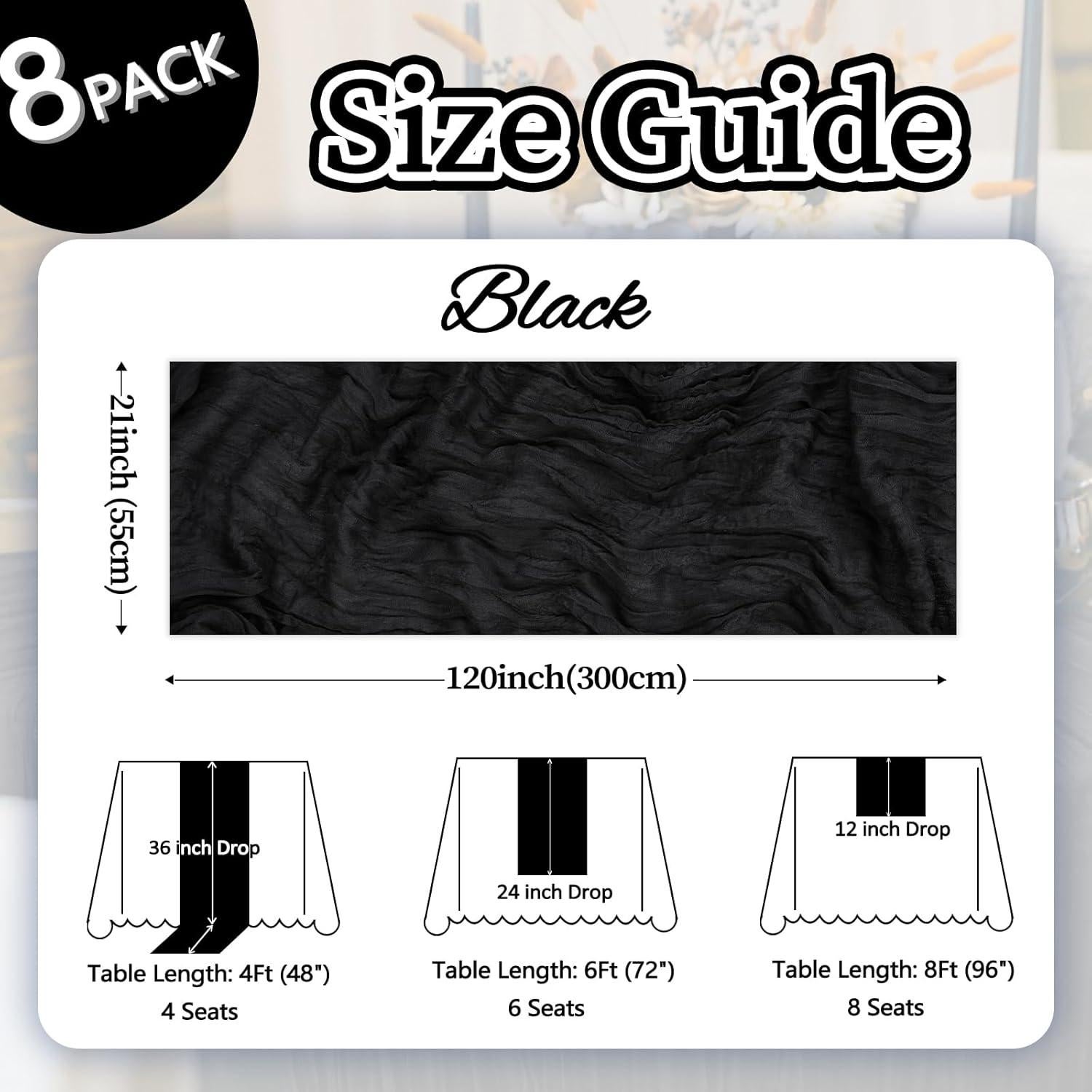 Paquete de 8 Caminos de Mesa de Gasa Negra Pepmily 3.05m