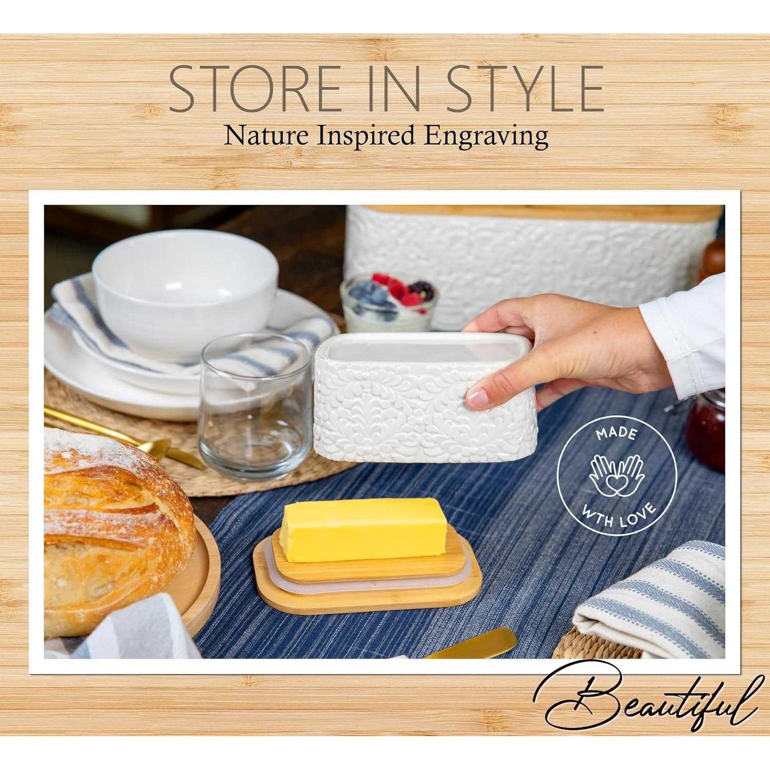 Plato para Mantequilla 25DOL de Cerámica con Tapa de Bambú