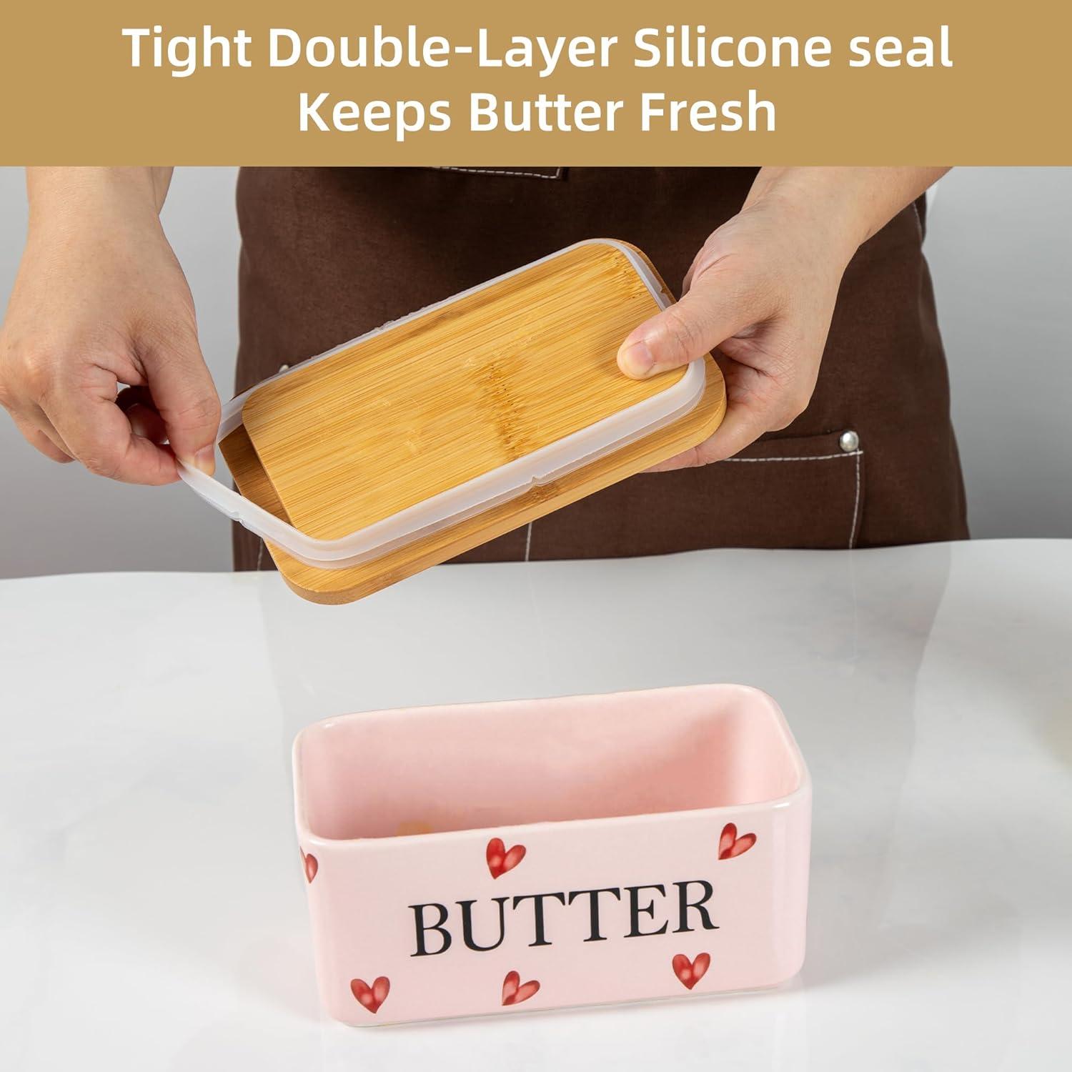 Plato de Mantequilla Cerámica Rosa YumiPLUS con Tapa Bambú