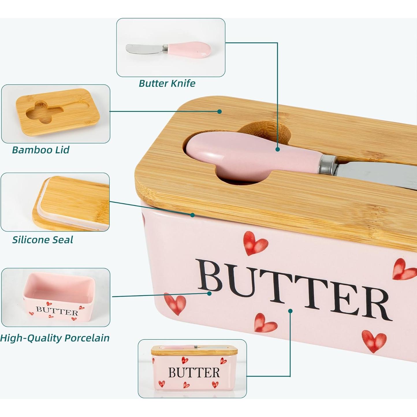 Plato de Mantequilla Cerámica Rosa YumiPLUS con Tapa Bambú